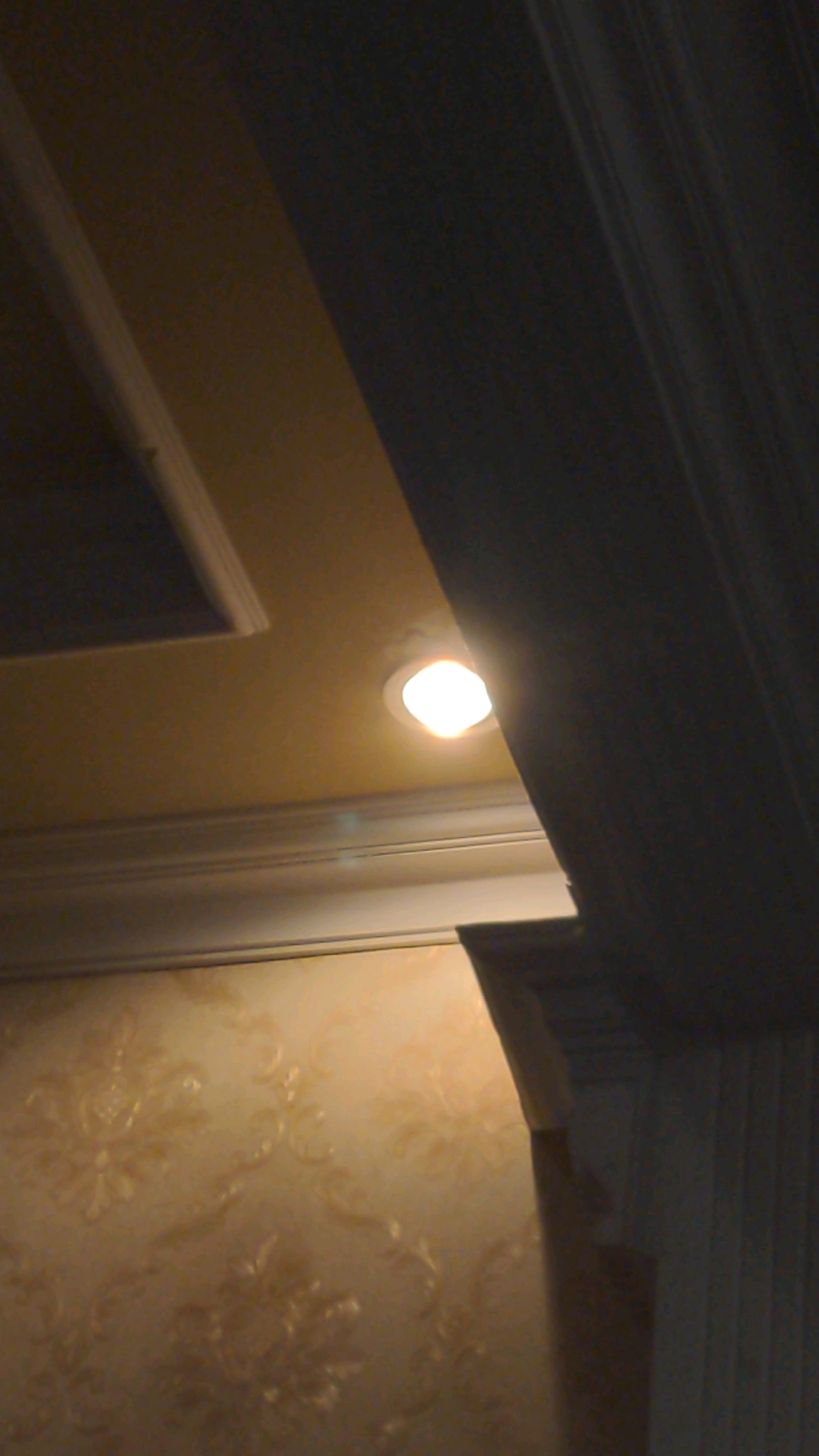 A recessed ceiling light illuminates a portion of a yellow ceiling with decorative crown molding. Below the molding, a patterned wallpaper is visible. The scene is framed by a dark, shadowy element, possibly a doorway or architectural feature, casting a significant portion of the image into darkness. The location in Tembarak, Indonesia, is not visually represented in the image.