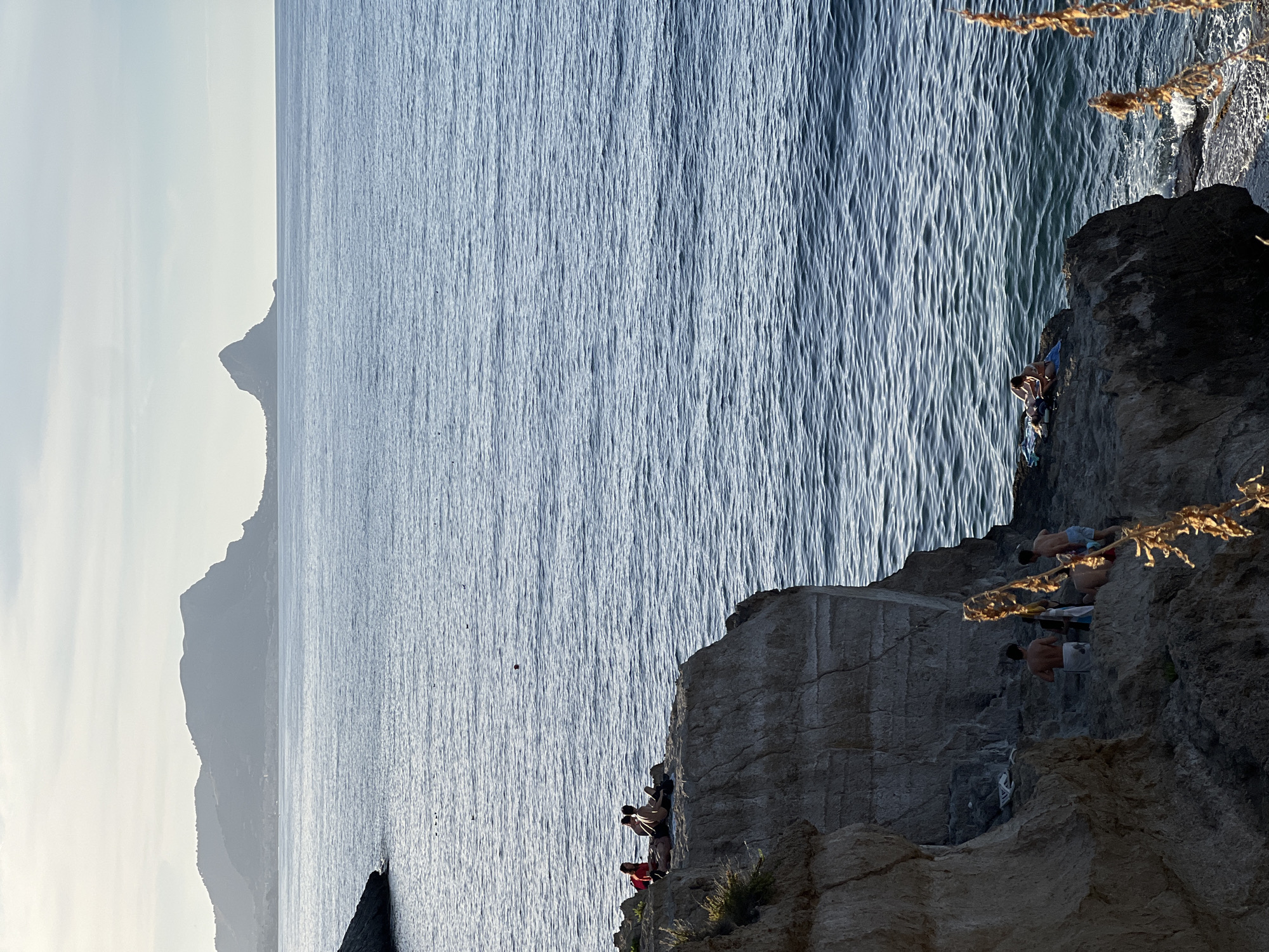 This vertical photographic image depicts a coastal scene near Sperone, Italy, under diffused sunlight, likely during late afternoon. The composition is divided by a rugged cliff face in the foreground and lower midground, with the Mediterranean Sea and distant landmasses occupying the remainder of the frame.
The foreground is dominated by a light-colored, layered rock cliff exhibiting visible strata and erosion. Sparse, dry vegetation is scattered on the cliff ledges, particularly on the upper left. In the lower right corner, out-of-focus dried plant stalks with golden hues are prominent.
On an upper, relatively flat ledge of the cliff, located on the left side of the image, four individuals are visible. They appear to be resting or sunbathing, with one person wearing a red top and others in light attire; towels or personal items are present on the rock next to them. Further down the cliff face, at the water's edge on a lower rock shelf, another group of four individuals is present. These individuals are mostly shirtless, some with towels, suggesting recent or impending swimming activity. One person is partially in the water. A white garment is draped over a rock near this group.
The sea spans the middle and upper sections of the image, displaying a deep blue color with visible ripples and glinting highlights from the sun. A single red buoy floats in the water in the mid-distance to the left of the image. Several smaller, dark specks, possibly buoys or birds, are scattered across the water's surface.
The distant horizon features two prominent landmasses silhouetted against a pale, slightly hazy sky. To the left, a wide, undulating mountain range with hints of urban development at its base appears as a dark, indistinct form. To the right, a distinctive, sharper, conical peak rises directly from the sea.