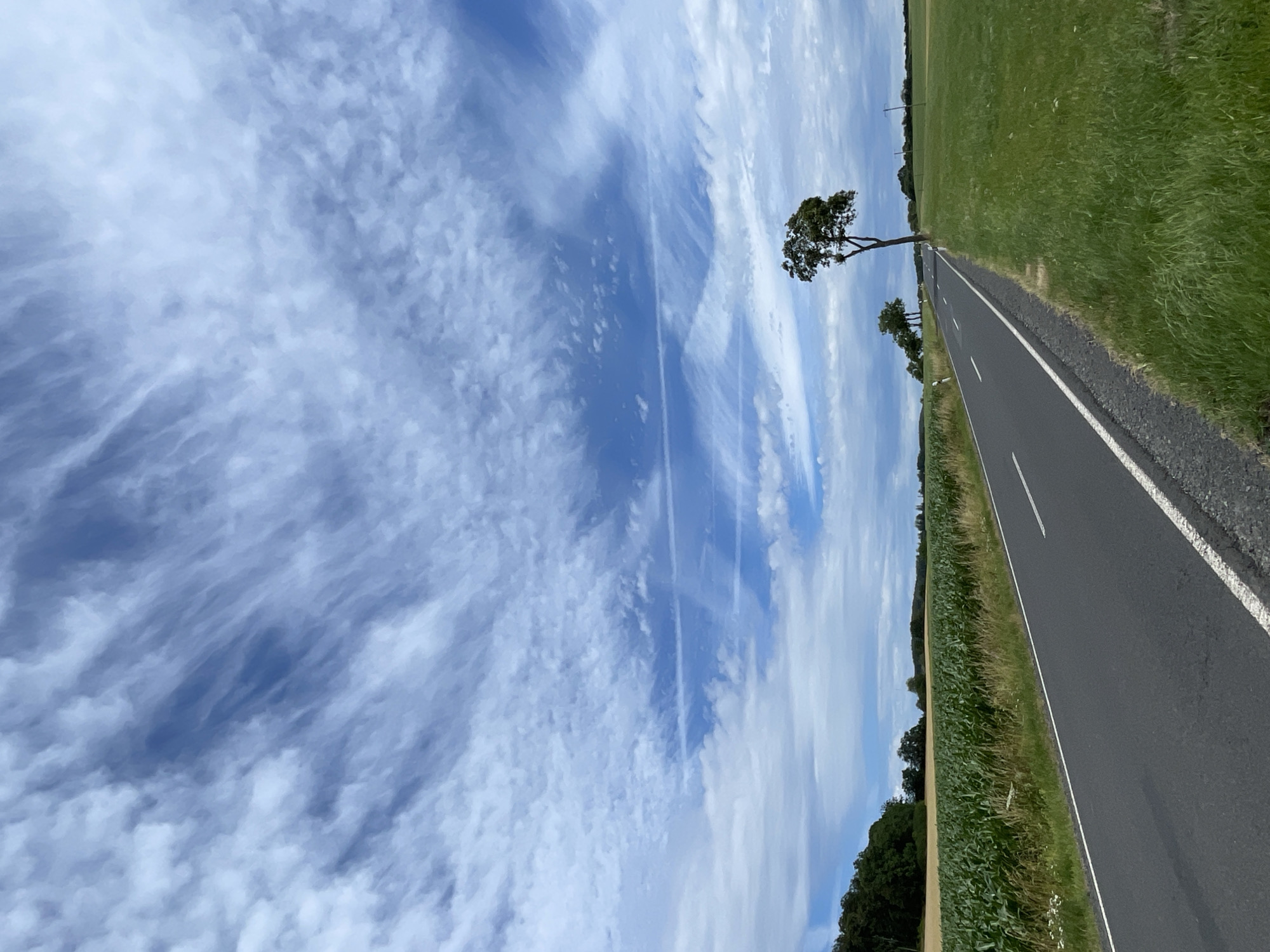 The image shows a road in Christerode, Germany. The road is paved and has a white line marking its edge. On the left side of the road, there is a field of green crops, likely corn, with some dry grass and a line of trees in the distance. On the right side of the road, there is a grassy field. A single tree with a dark trunk and green foliage stands prominently on the right side of the road, further down. In the background, there are more trees and rolling hills under a sky filled with wispy white clouds against a blue backdrop. The overall scene is rural and appears to be a daytime shot. There are no people or animals visible in the image.