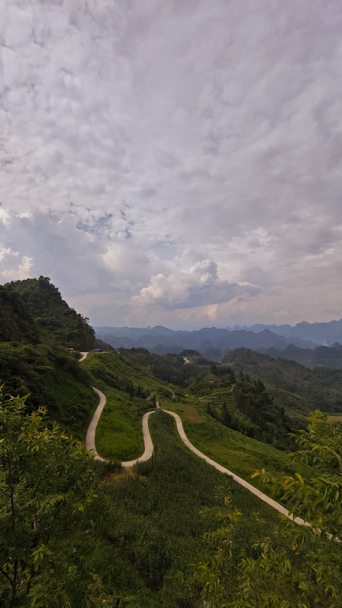The image shows a winding road through a mountainous landscape near Tam Son, Vietnam. The road is light-colored and contrasts with the surrounding lush green vegetation. The terrain consists of hills and valleys, with layers of distant mountain ranges visible in the background. The sky is overcast with a mix of grey and white clouds. No people or vehicles are visible.