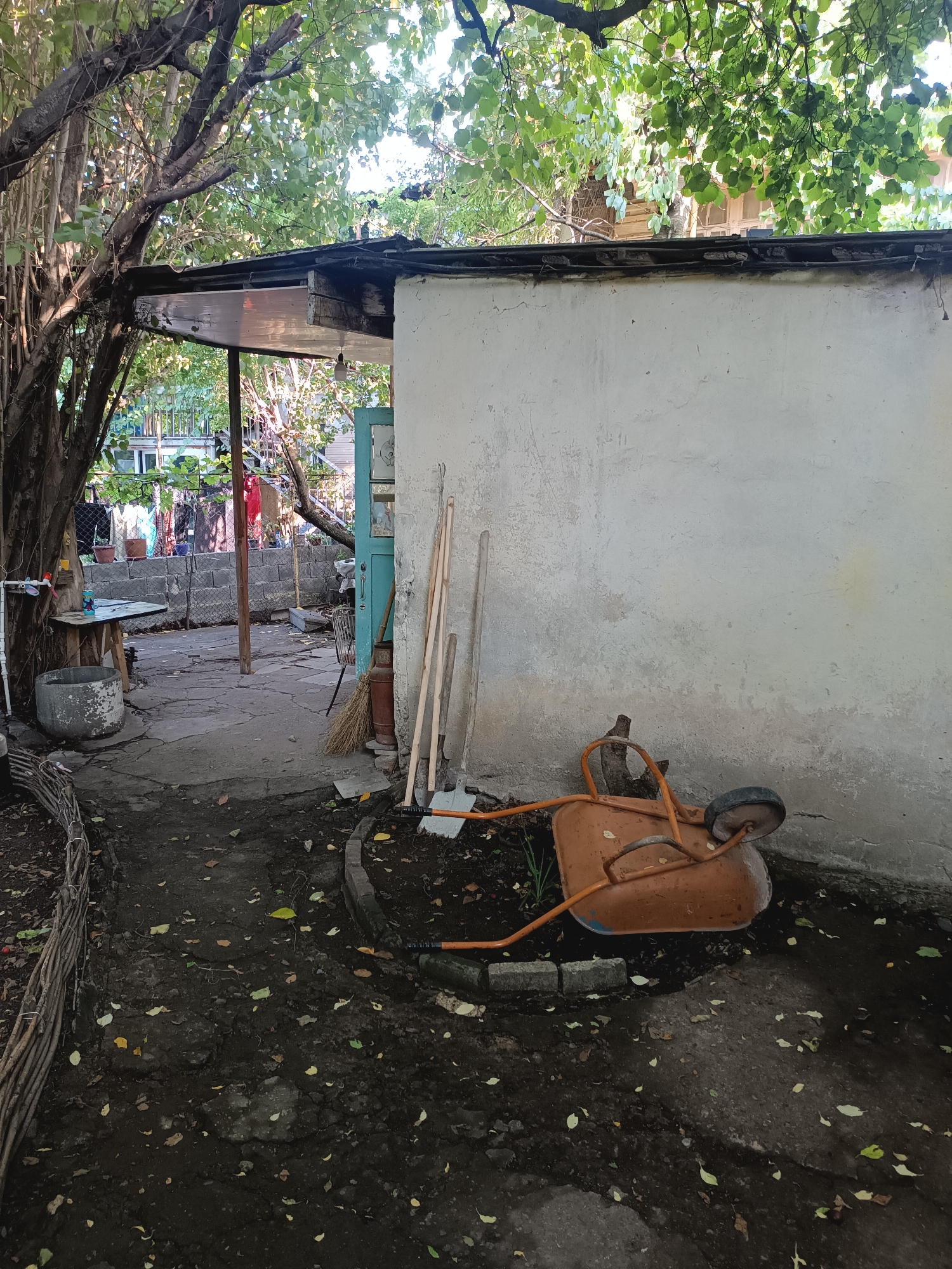 The image depicts a cluttered, overgrown backyard or courtyard area, possibly in Khashuri, Georgia, as suggested. The scene is characterized by weathered structures and a general state of disrepair. A white-walled building with a rough texture dominates the right side of the frame, partially obscured by the overhang of a corrugated metal roof supported by wooden beams. To the left, a large tree with dense foliage casts shadows over the area, its branches reaching towards the roof.
In the foreground, a patch of dark, moist soil is visible, scattered with fallen leaves. A low border constructed from interwoven branches delineates this area. Adjacent to the building, a rusty orange wheelbarrow rests on the ground, its single wheel pointed towards the left. Leaning against the wall next to the wheelbarrow are several long-handled gardening tools, including a broom, a shovel, and what appear to be rakes or hoes.
Further into the courtyard, a paved area shows cracks and patches of dirt. A wooden table with a weathered surface stands on the left, next to a large, gray concrete container. Behind the table, a fence made of wire mesh supports a clothesline with various garments hanging to dry. Beyond the fence, residential buildings with windows and balconies are visible, suggesting an urban or semi-urban environment. A light blue door is slightly ajar on the right side of the image, leading into the interior of the building. A large, old metal milk churn sits near the door. The overall impression is one of a functional, lived-in space that is in need of tidying and maintenance.