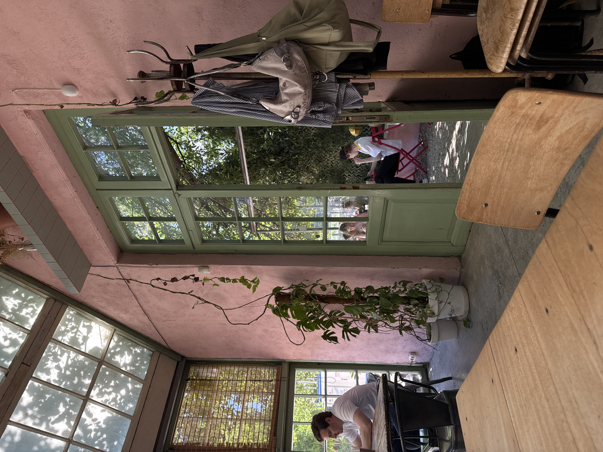 The image depicts the interior of a cafe with a pink stucco wall and a glass ceiling with visible tree shadows. To the left, a man in a white t-shirt sits at a wooden table. Further left, a window with bamboo blinds looks out onto foliage. A tall potted plant with large leaves grows up a pole in the center of the frame. To the right, a green-framed double door opens to an outdoor patio area where two people are visible. One person sits at a red chair, and another is seated further back. A coat rack with several bags and clothing items hangs on the wall to the right of the doors. In the foreground, a light-colored wooden table is visible, and wooden chairs are stacked near the right edge of the image. The scene suggests a relaxed cafe environment, potentially in Tbilisi, Georgia, given the implied cultural context of the cafe's aesthetic.
