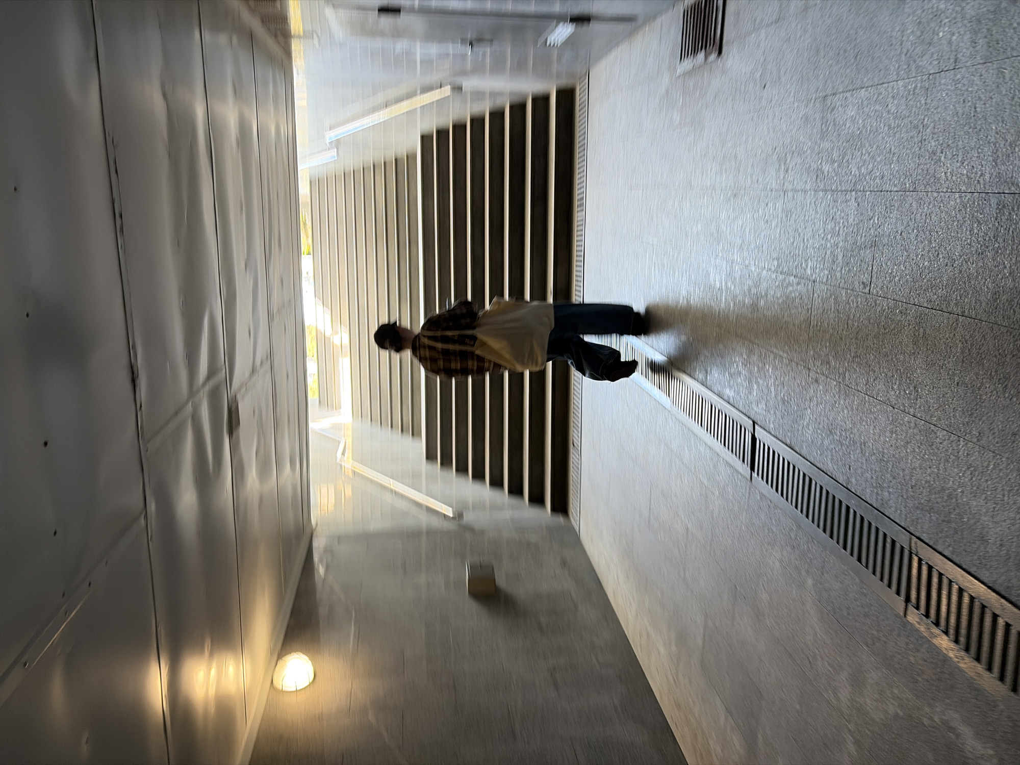 This image captures a pedestrian navigating a modern underpass or tunnel in Sochi, Russia, descending a flight of stairs. The perspective is from behind and slightly above the individual, looking down the passage.
The main subject is a person seen from the back, dressed in a plaid shirt with brown and dark tones, dark wide-leg trousers, and a dark cap. A light-colored tote bag is slung over their left shoulder. They are actively walking down a set of dark-colored stairs, which occupy the central part of the upper frame.
The tunnel's architecture is notable for its clean lines and mixed materials. The left wall is constructed from light-grey, possibly metallic or corrugated panels, exhibiting subtle textures and seams. A circular, warm-toned artificial light fixture is affixed to the lower part of this wall, casting a soft glow. The right side of the passage features a textured, grey floor, likely composed of concrete or stone tiles, with a long, linear drainage grate running along its length. This textured material appears to extend slightly up the adjacent wall. Beyond the person, at the top of the stairs, an area of brighter light indicates an exit or connection to an outdoor space, suggesting it is daytime. The overall lighting within the tunnel is a combination of this filtered natural light and the internal artificial illumination.
The scene portrays a typical urban pedestrian pathway, functional and utilitarian. No specific weather conditions or emotions are discernible, and there is no visible text in the image.