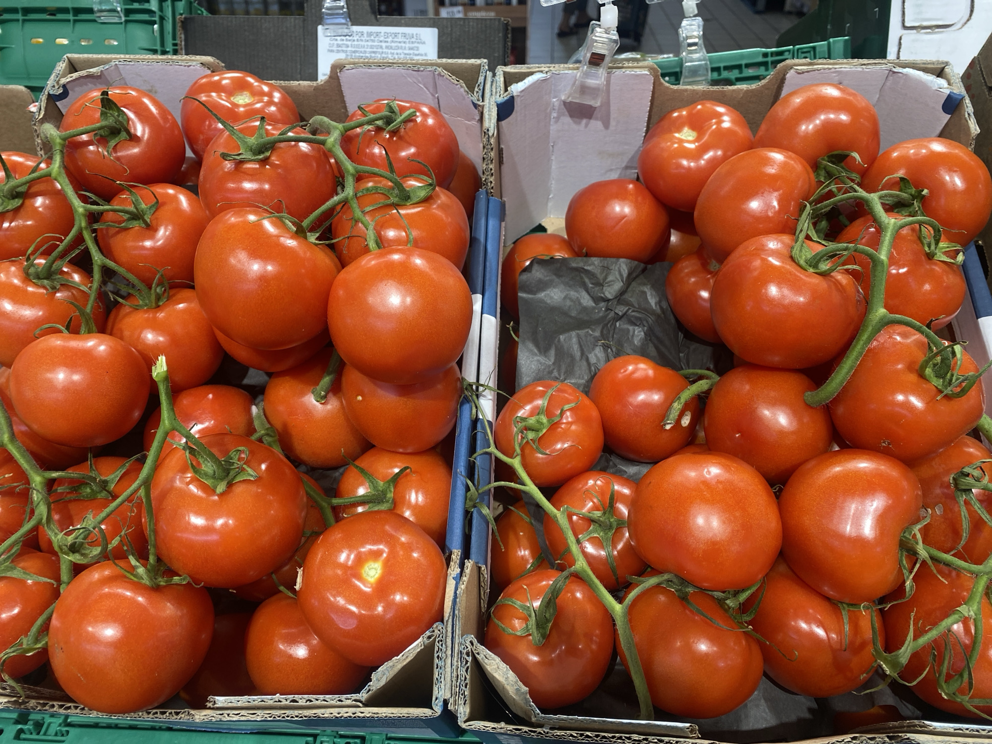 The image displays a close-up, overhead view of two cardboard boxes filled with ripe, red tomatoes. The tomatoes are of various sizes and shapes, with some still attached to their green stems and vines. They are arranged in a layered fashion within the boxes. The lighting suggests an indoor setting, possibly a market or grocery store. The boxes are placed next to each other, and the scene is predominantly focused on the tomatoes. There is no visible indication of the city of Bel Air, Spain, or any specific location within it. No people, actions, or interactions are depicted. The environment appears to be a retail display.