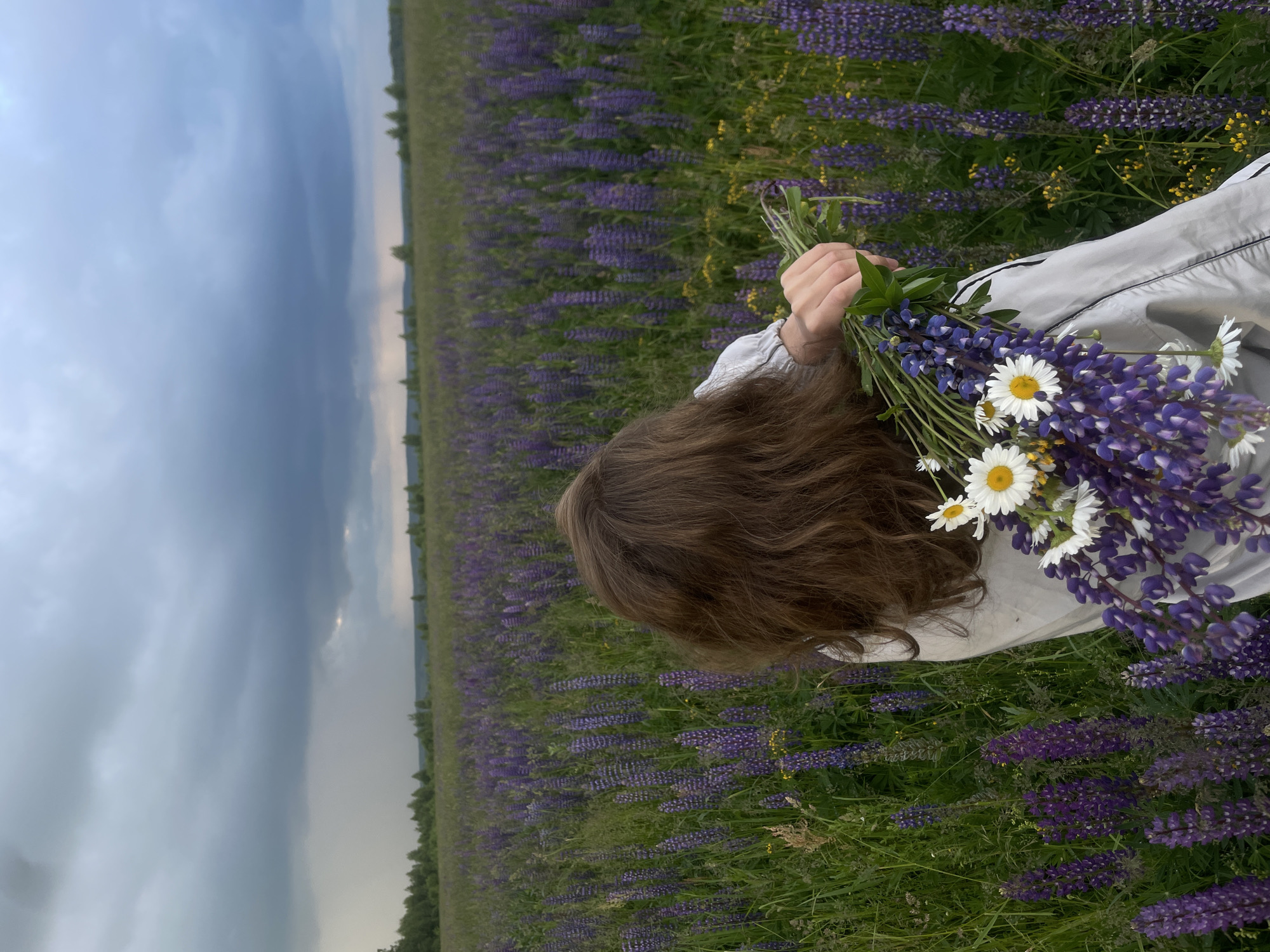 A person with medium-length brown hair stands in a field of purple lupines. They are wearing a light-colored shirt and are holding a bouquet of lupines and daisies. The sky is overcast and dark, with some rain visible in the distance. The location is a field in Kuyeda, Russia.
