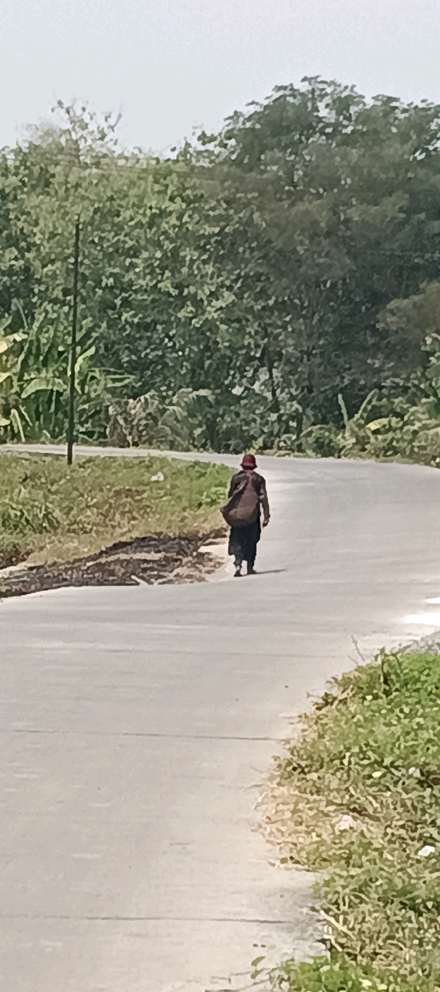 In Laren, Indonesia, a person walks away from the camera on a paved road. The person is wearing a dark brown outer garment, dark pants, and a red hat. They are carrying a bag over their left shoulder. The road curves to the left and is bordered by a grassy shoulder with some dirt and debris. In the background, there is dense green foliage from trees and plants. A utility pole is visible to the left of the road. The sky above is overcast.