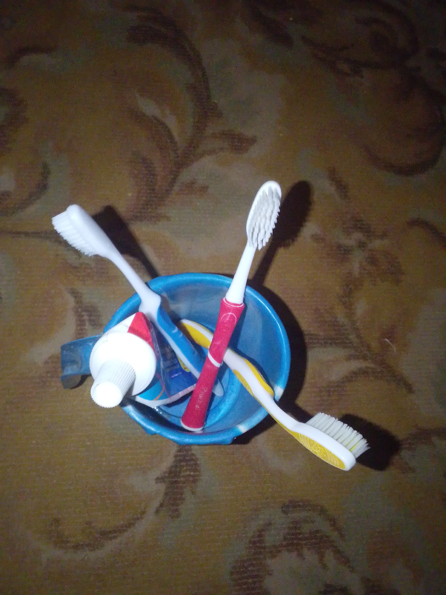 In the city of Jalingo, Nigeria, an assortment of dental hygiene items is arranged within a blue plastic cup. The cup contains a tube of toothpaste, the cap of which is off, and three toothbrushes. One toothbrush is white, another is red with a white tip, and the third has a yellow and white handle. The background is a brown, textured surface, possibly a rug or upholstery, with a faint floral pattern. The lighting in the scene is dim, creating shadows that fall across the surface.