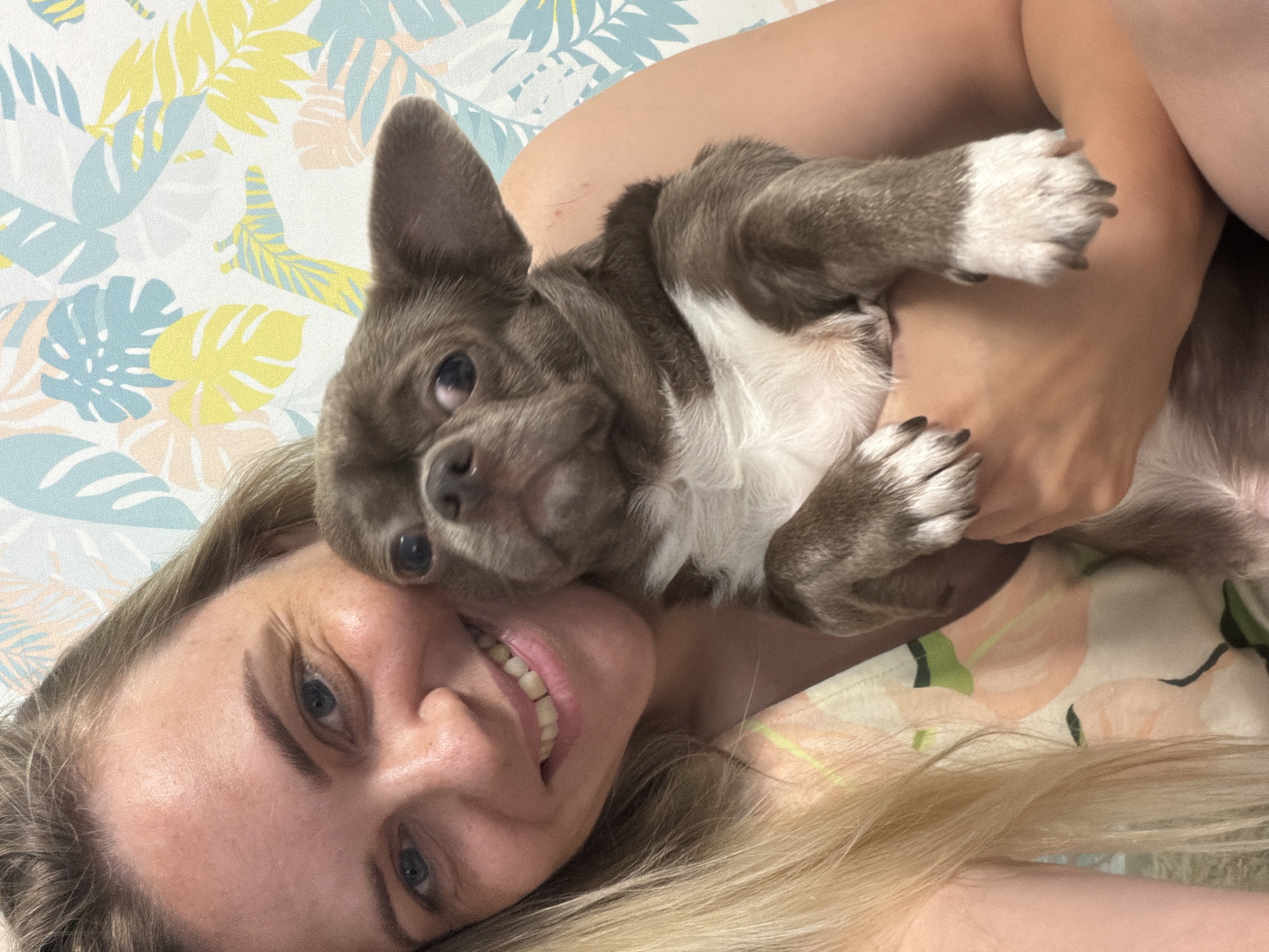 This media file is a close-up, overhead shot of a woman and a small dog lying down together. The woman has blonde hair and is smiling at the camera. The dog, which appears to be a French Bulldog mix, is grey and white with large ears and is resting its head on the woman's chest. They are lying on a bed with a patterned comforter featuring tropical leaves in shades of yellow, blue, and pink. The lighting suggests it is daytime, likely indoors. The overall mood is affectionate and relaxed. There is no visible text.