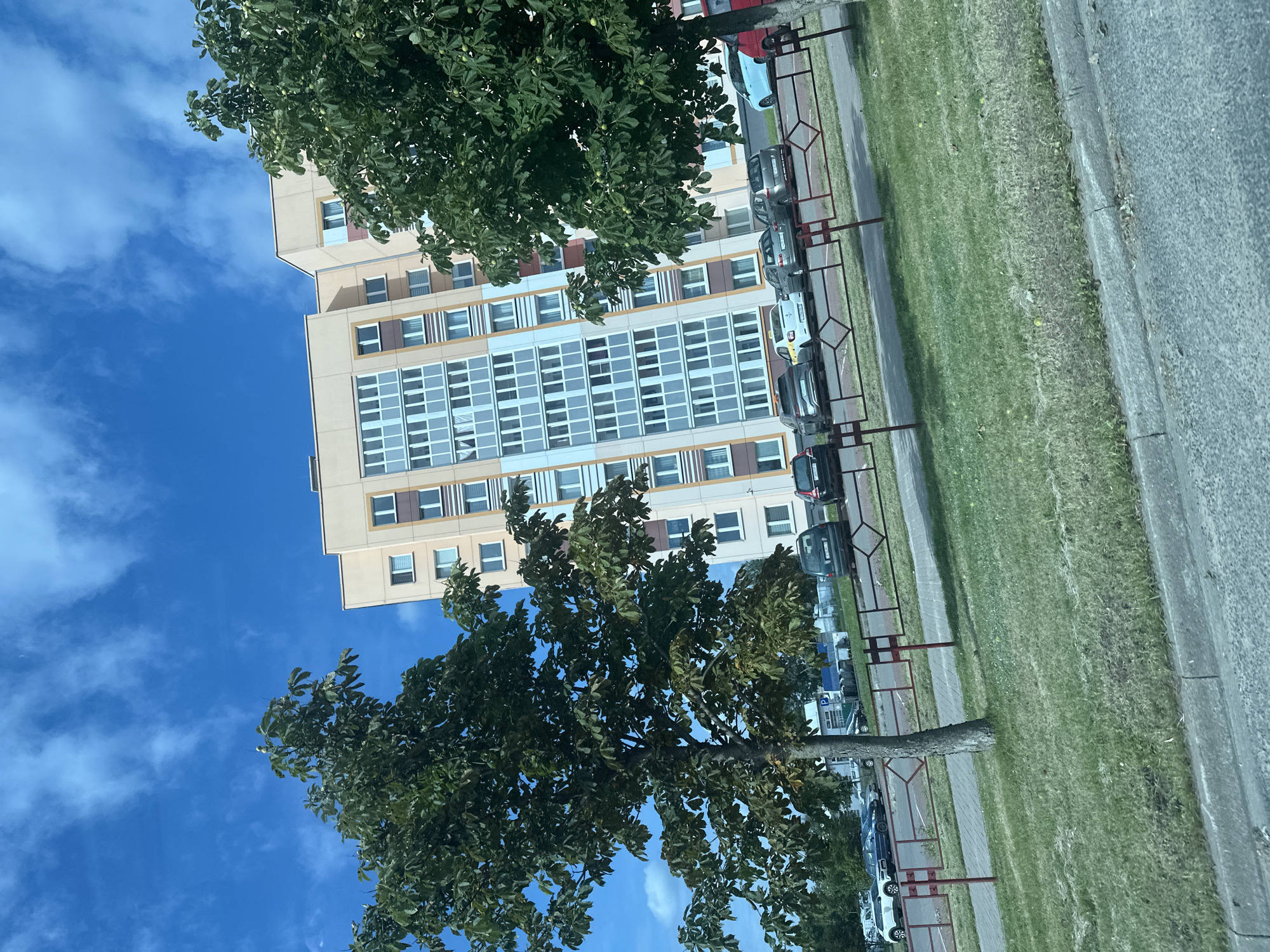 The image shows a residential building in Maladzyechna, Belarus, under a bright blue sky with scattered clouds. A tall, multi-story building with a light beige facade and numerous windows with white frames dominates the background. The building has a modern design with horizontal banding in brown and beige. In the foreground, there are two large trees with dense green foliage, one on the left and another on the right, partially obscuring the building. Between the trees and the building, a paved area with parked cars is visible. The cars include a white sedan, several grey sedans and SUVs, a blue hatchback, and a red vehicle. A red metal fence with a diamond pattern separates the paved area from a grassy lawn and a sidewalk. The overall scene depicts a typical urban residential area on a clear day.