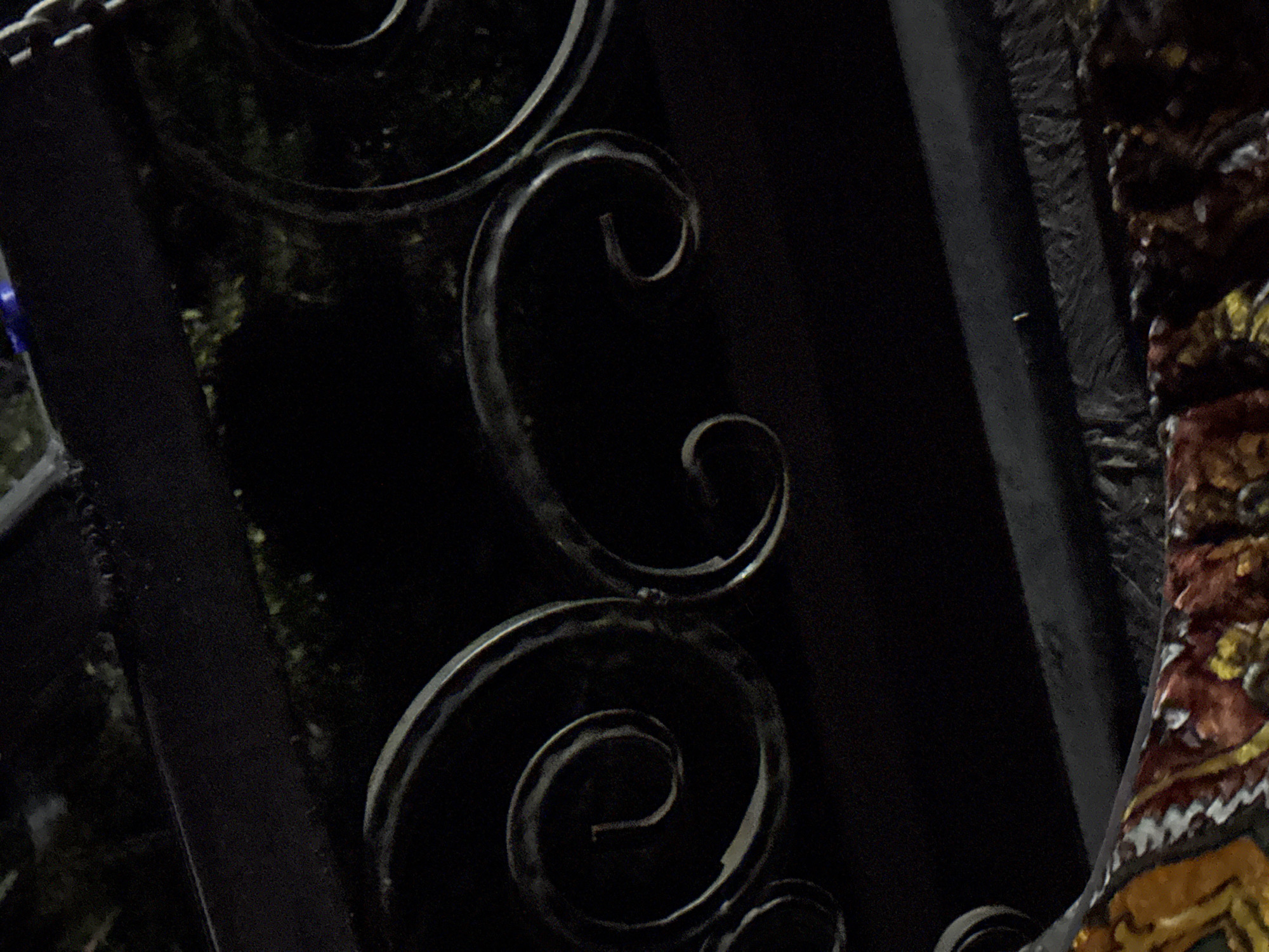 A close-up, dark image shows ornate, black wrought iron scrollwork, part of a fence or gate. The scrollwork is detailed with several spiral designs. Behind the ironwork, dark green foliage is visible, suggesting an outdoor setting, possibly a garden. In the foreground, a patterned fabric is partially visible, with colors of yellow, red, and brown, indicating it might be a rug or tapestry. The overall lighting is dim, with some highlights on the metalwork. The location is Vostok, Kyrgyzstan.