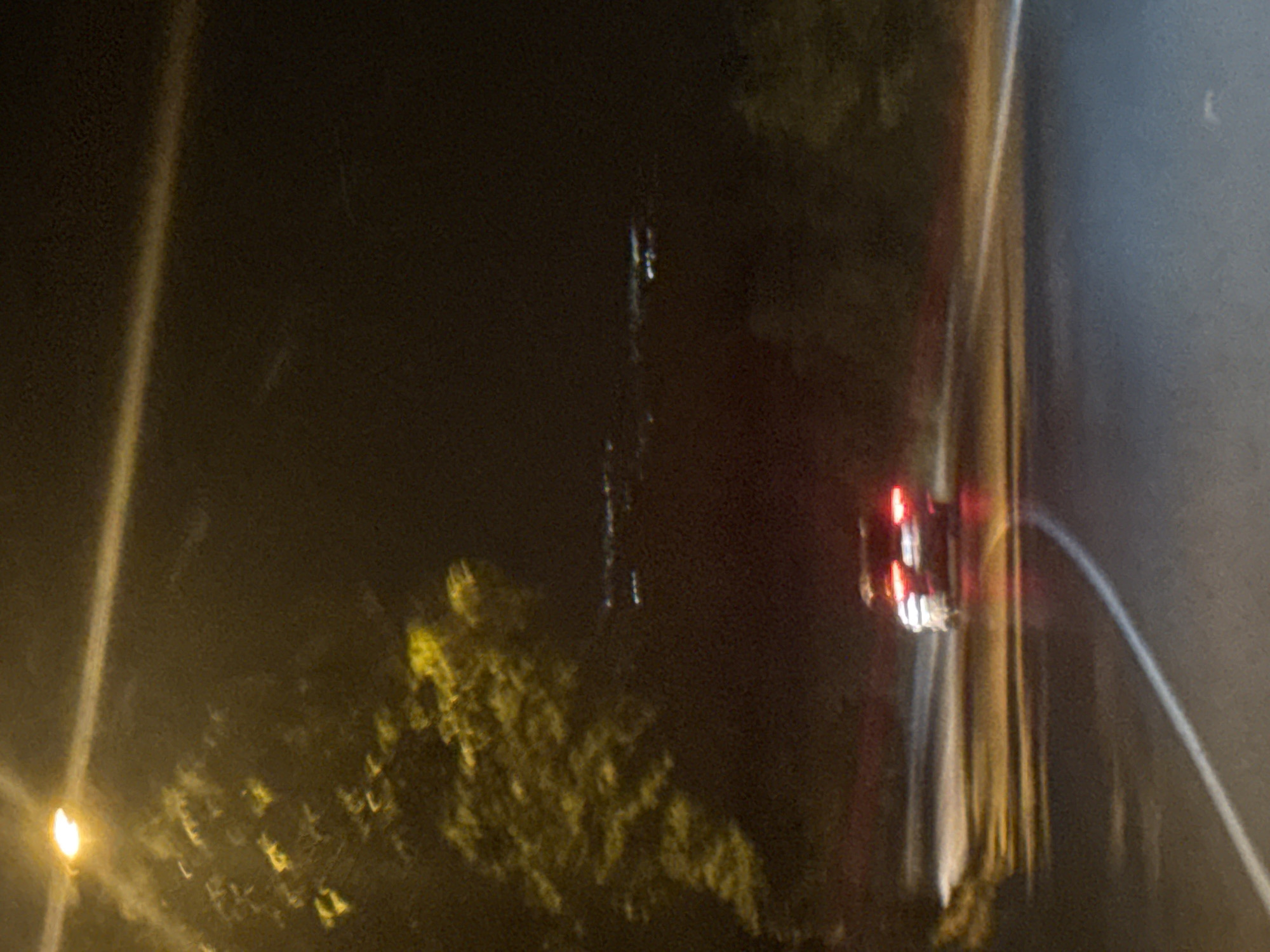 The image depicts a nighttime scene, likely a road in Varna, Bulgaria. The primary subject appears to be a vehicle with red taillights, suggesting it is either stationary or moving. The motion blur and low light conditions indicate a long exposure or a camera shake. There are also streaks of light, possibly from streetlights or other vehicles, and an illuminated object on the left that could be a streetlamp. In the background, there is greenery, possibly trees, illuminated by artificial light, creating a hazy, atmospheric effect. The overall impression is one of a transient moment captured on a dark, possibly damp night. There are no discernible people or text in the image.