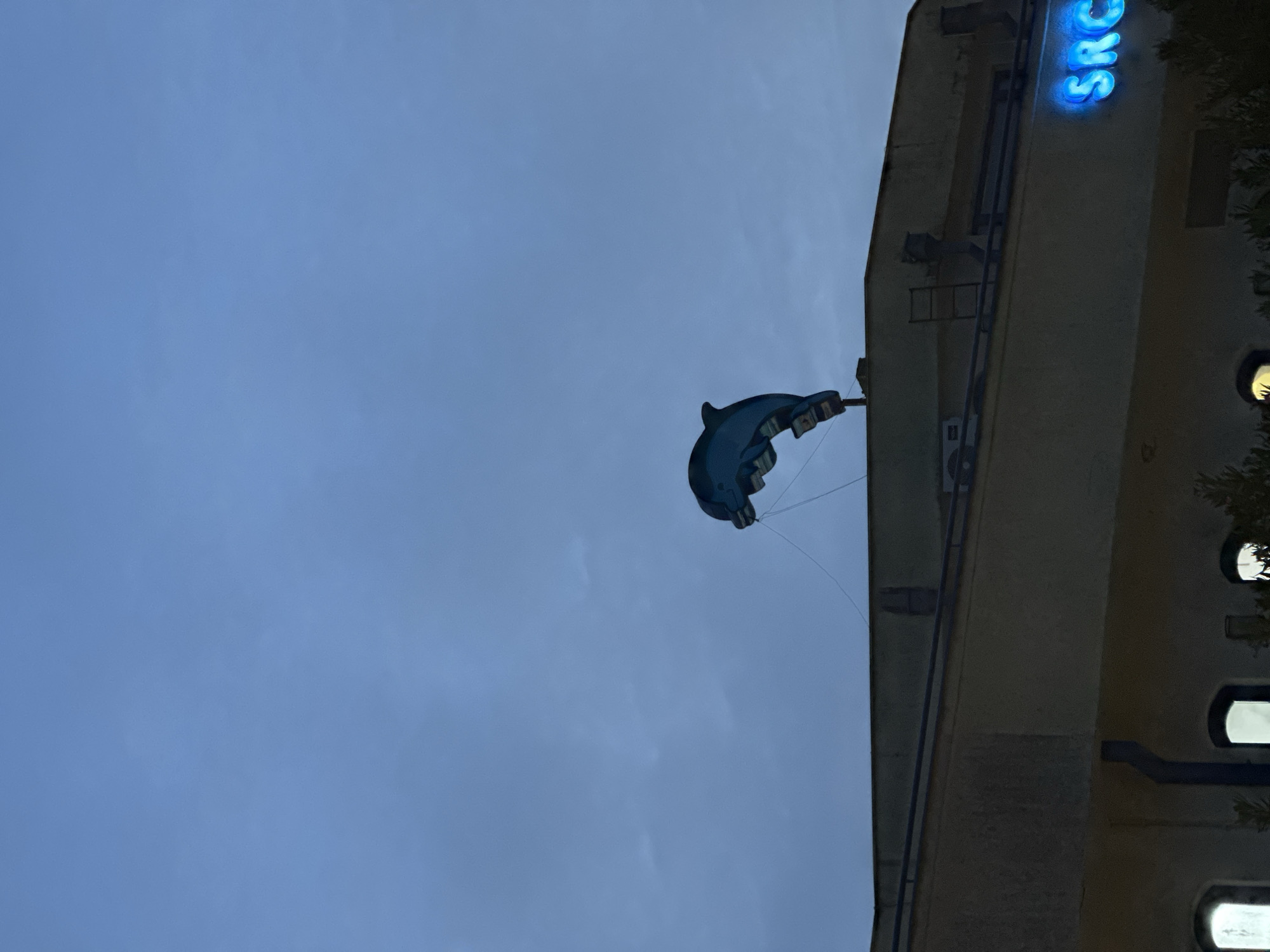 The image shows a low-angle shot of a building with a blue neon sign that reads "SRC" on the top right corner, a blue dolphin-shaped balloon attached to the side of the building via a string. The sky in the background is an overcast blue. The building has a boxy shape and features architectural elements such as rounded windows and a ladder on the side. The location may be Budva, Montenegro, due to the signage, but this is not confirmed within the image itself. There are no people visible in the shot.