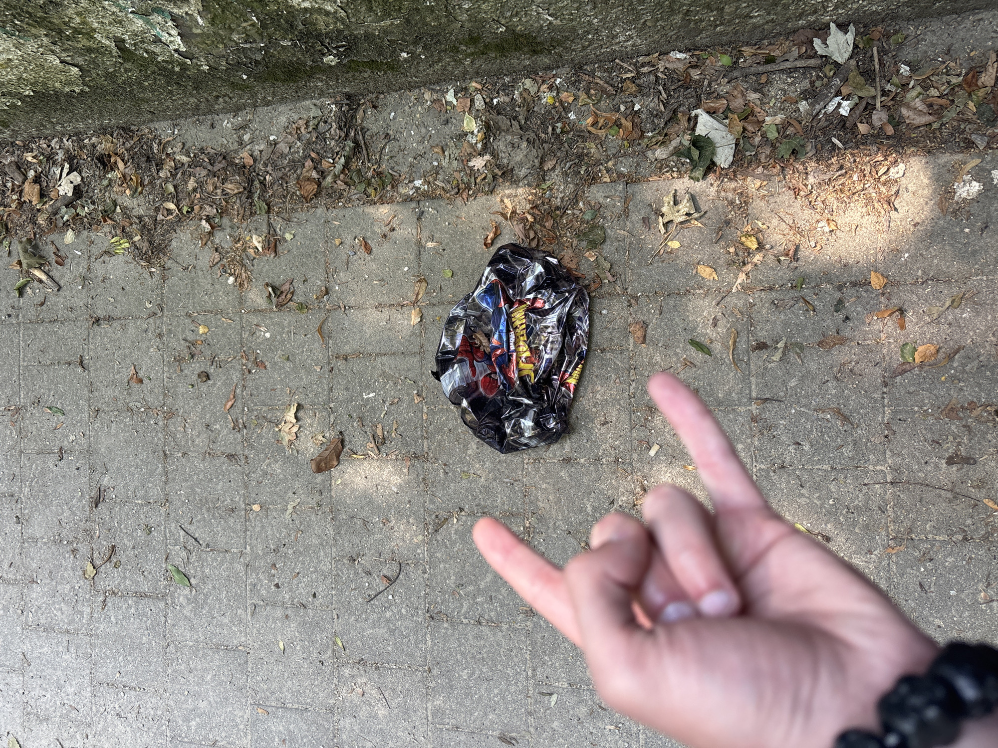 The image shows a close-up, high-angle shot of a crumpled, black plastic bag with Marvel comic characters, likely Spider-Man, printed on it, lying on a grey, paved surface composed of rectangular stones. The bag is situated near the edge of a green, mossy wall or embankment, which is covered in dry leaves and debris. In the foreground, a human hand is visible, with the index and pinky fingers extended in a "rock on" gesture, and the thumb up. The hand has a black beaded bracelet on the wrist. The lighting suggests it is daytime, with shadows cast on the ground. The scene appears to be an outdoor urban environment, possibly a sidewalk or path in Brussels, Belgium.