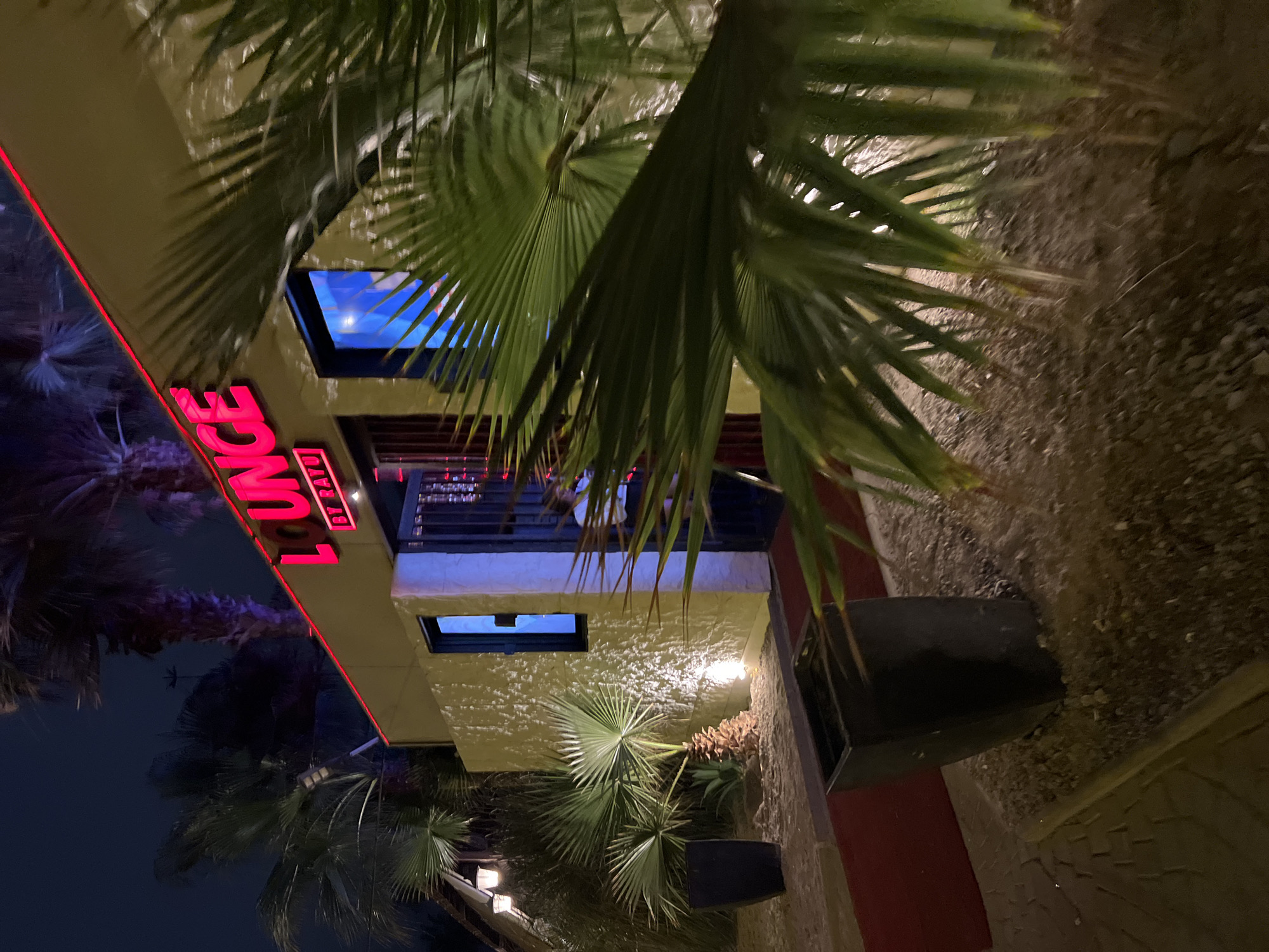 An exterior view of Lounge by Rauu in Arica, Chile. The image captures the building at night, with red neon signs prominently displaying the lounge's name. The building is of a two-story construction, featuring windows reflecting the sky. Palm trees frame the building, adding a tropical ambiance. The foreground includes a walkway paved with bricks, with some garden beds containing plants.