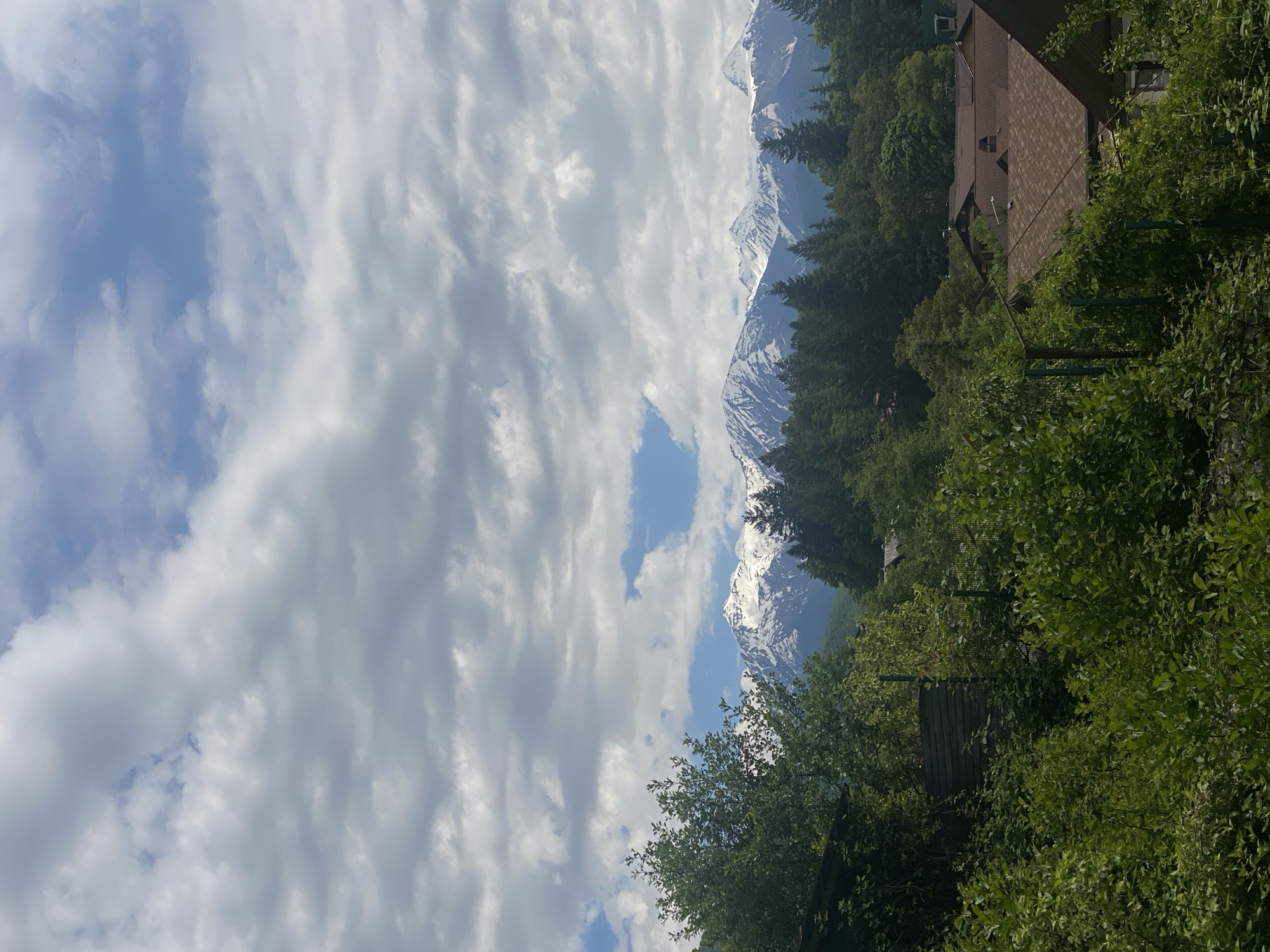 This is a landscape photograph captured in a mountainous region, likely Krasnaya Polyana, Russia. The scene is dominated by a partly cloudy sky, featuring large, puffy white and grey clouds interspersed with clear patches of blue.
In the mid-ground, majestic snow-capped mountains rise prominently, their rugged peaks partially covered in snow. The lower slopes of these mountains are densely forested with dark green coniferous trees, which extend across the mid-ground and into the foreground.
On the right side of the image, nestled within the abundant green foliage, is a building with a multi-pitched brown shingled roof. It appears to be a house or a lodge, largely surrounded and partially obscured by lush green trees and bushes in the immediate foreground. A dark fence line is subtly visible through the vegetation near the building.
The image depicts a bright daytime scene, characterized by natural light and a clear atmosphere, despite the cloud cover. There are no people, discernible activities, or visible text in the photograph. The overall impression is one of natural beauty and serenity in a mountainous, forested setting.