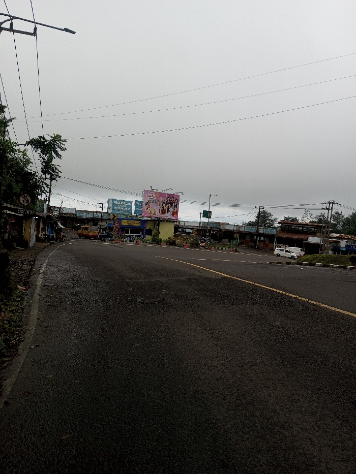 This image depicts a street scene on an overcast day, reportedly located in the city of Deothang, Bhutan. However, visible text on billboards, such as "SEGER ALAM MANA RAKA BANS" and "Love Style" alongside an advertisement featuring young women, suggests an Indonesian linguistic context.
The scene features a damp, dark asphalt road with a double yellow line visible in the center-right. Overhead, numerous black utility wires crisscross against a uniformly grey, cloudy sky. A street lamp on a pole extends from the upper left.
On the left side, the road curves slightly uphill, flanked by a bank covered in green vegetation, including small trees and bushes. A row of small, single-story commercial buildings or stalls, exhibiting various colored facades and corrugated metal roofs, lines this curving road. A white circular regulatory sign with a red border is affixed to a pole near these structures. A yellow compact commercial vehicle, possibly a minivan or small truck, is parked among these buildings. One person is partially visible standing near this yellow vehicle, and another person can be discerned further down the road on the left.
In the mid-ground, a central median or island, adorned with small potted plants, separates sections of the road or an intersection. Beyond this median, two large billboards dominate the view. The left billboard displays white text, partially reading "SEGER ALAM MANA RAKA BANS," on a blue background. The right billboard features a pink background with a "Love Style" logo and an image of several young women, appearing to be an advertisement for a beauty or fashion product. Further behind these billboards, more buildings with varied construction and utility poles are visible. A white passenger van is parked on the far right side of the road, facing right. In the far background on the right, a darker, forested area is discernible beneath the overcast sky. No direct interactions between people are evident.