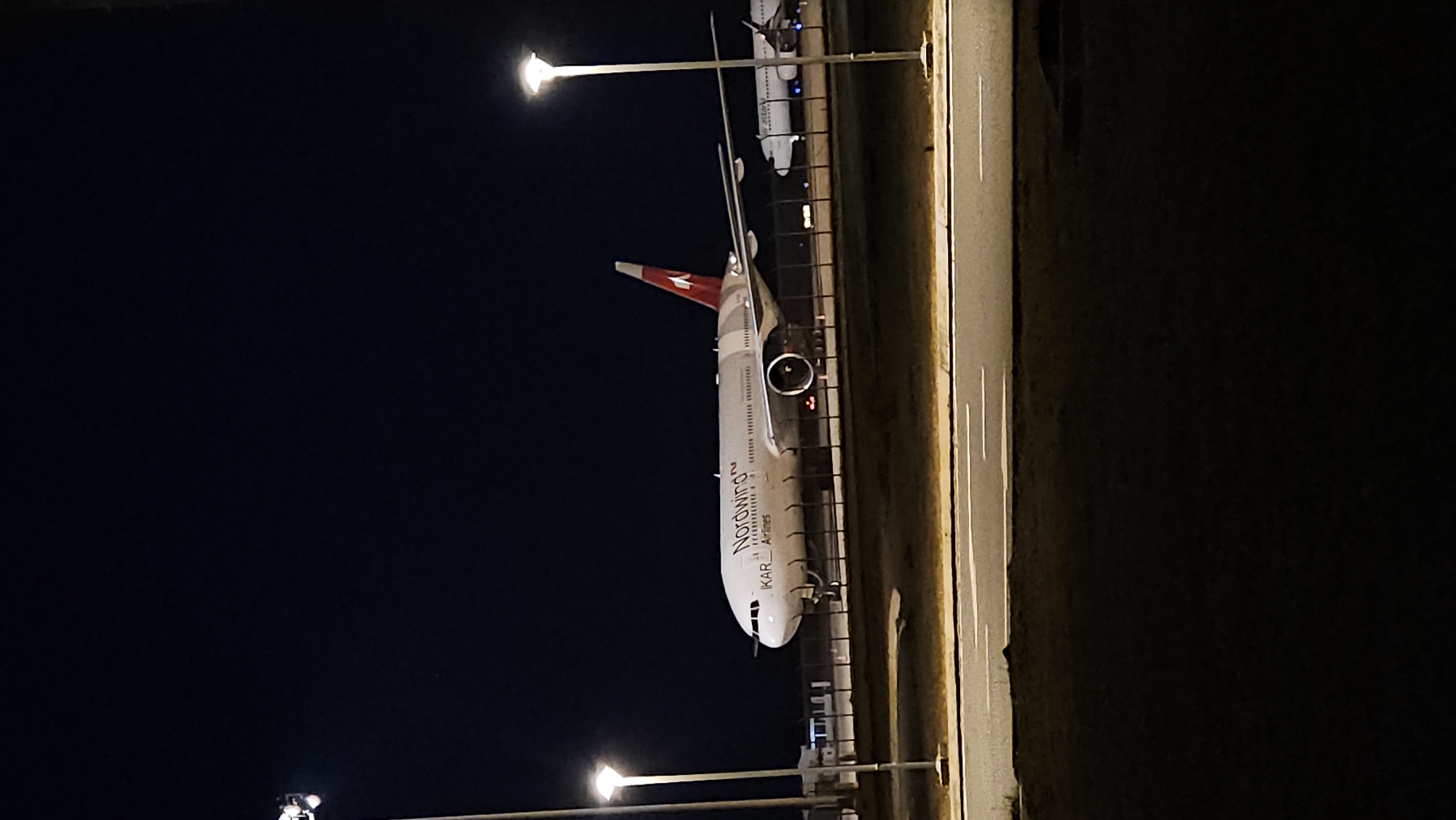 The scene depicts an airport at night. A Nordwind Airlines passenger airplane is parked on the tarmac, illuminated by streetlights. The aircraft has a white body with the airline's name in English and Russian. The tail fin is red with a white emblem. Another airplane is visible in the background, also on the tarmac. The tarmac itself has painted white lines. Vegetation is on the right edge of the picture. The location is likely Cam Ranh International Airport (CXR) in Cam Ranh, Vietnam.