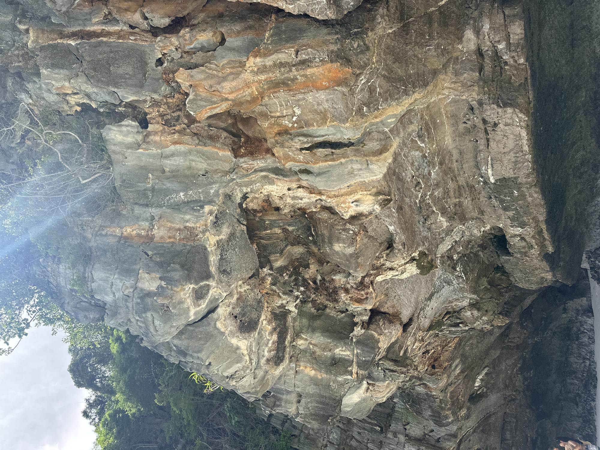 The image shows a cliff face with varied textures and colors, located in Ao Nang, Thailand. The cliff is composed of grey rock with streaks of orange and white, suggesting mineral deposits or water staining. Vegetation, including trees and vines, grows on the top and sides of the cliff. The lower part of the image reveals a sandy beach and a body of water. In the bottom left corner, a person is partially visible, standing on the beach. The lighting suggests it is daytime, with sunlight casting shadows and creating highlights on the rock surface. The overall scene depicts a natural coastal landscape.