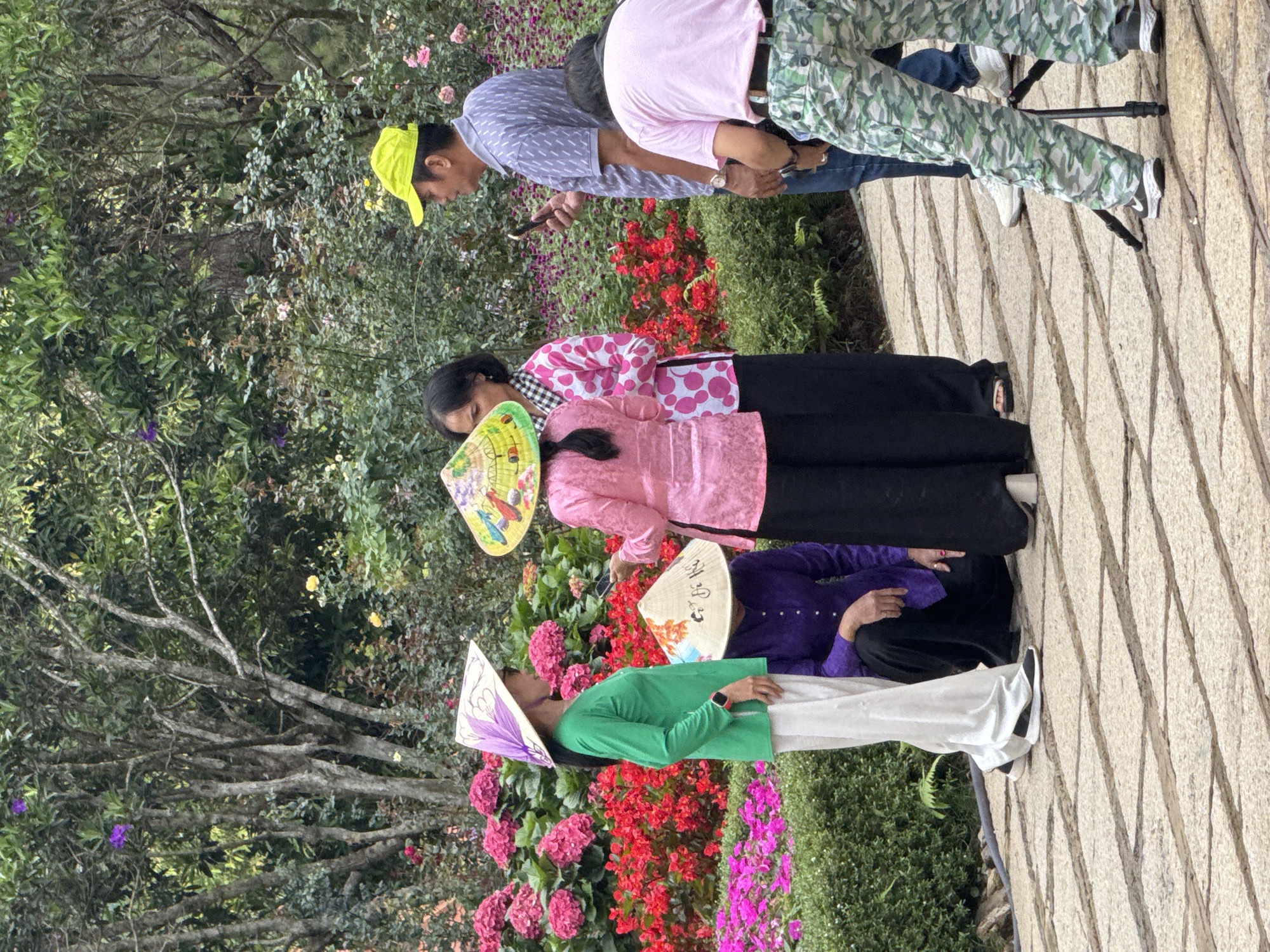 A group of five individuals is captured in a vibrant garden setting, likely a tourist attraction, featuring lush greenery and an abundance of colorful flowers. The image is oriented sideways, with the subjects appearing to stand horizontally.
In the foreground, from left to right, are three women. The leftmost woman wears a bright green long-sleeved top and white wide-legged pants, topped with a traditional Vietnamese conical hat (nón lá) adorned with a purple floral design. Next to her, a woman in a purple long-sleeved top and black wide-legged pants also wears a nón lá, which features some intricate calligraphy or decorative text. The third woman, positioned slightly behind them, is dressed in a pink long-sleeved top with white polka dots and black pants; she holds a nón lá with a colorful, possibly nature-themed, design. All three women appear to be dressed in traditional Vietnamese attire suitable for a leisurely outing.
Further back on the right side of the frame are two men. One man wears a light blue patterned shirt and a bright yellow baseball cap, looking down intently at his mobile phone. Beside him, partially visible, is another man in a pink t-shirt and camouflage-patterned pants, also seemingly engaged with a phone. A small black tripod or stand is visible on the paved ground near their feet.
The setting is a beautifully maintained garden, bursting with clusters of bright pink, red, and purple flowers. Large trees and varied foliage form the background. The ground is a light-colored paved pathway, marked with distinct rectangular patterns. The overall atmosphere suggests a daytime visit, likely under clear, bright weather, with some individuals enjoying the scenery and others occupied with their devices. The traditional conical hats worn by the women are a notable cultural detail, fitting the context of Da Lat, Vietnam.