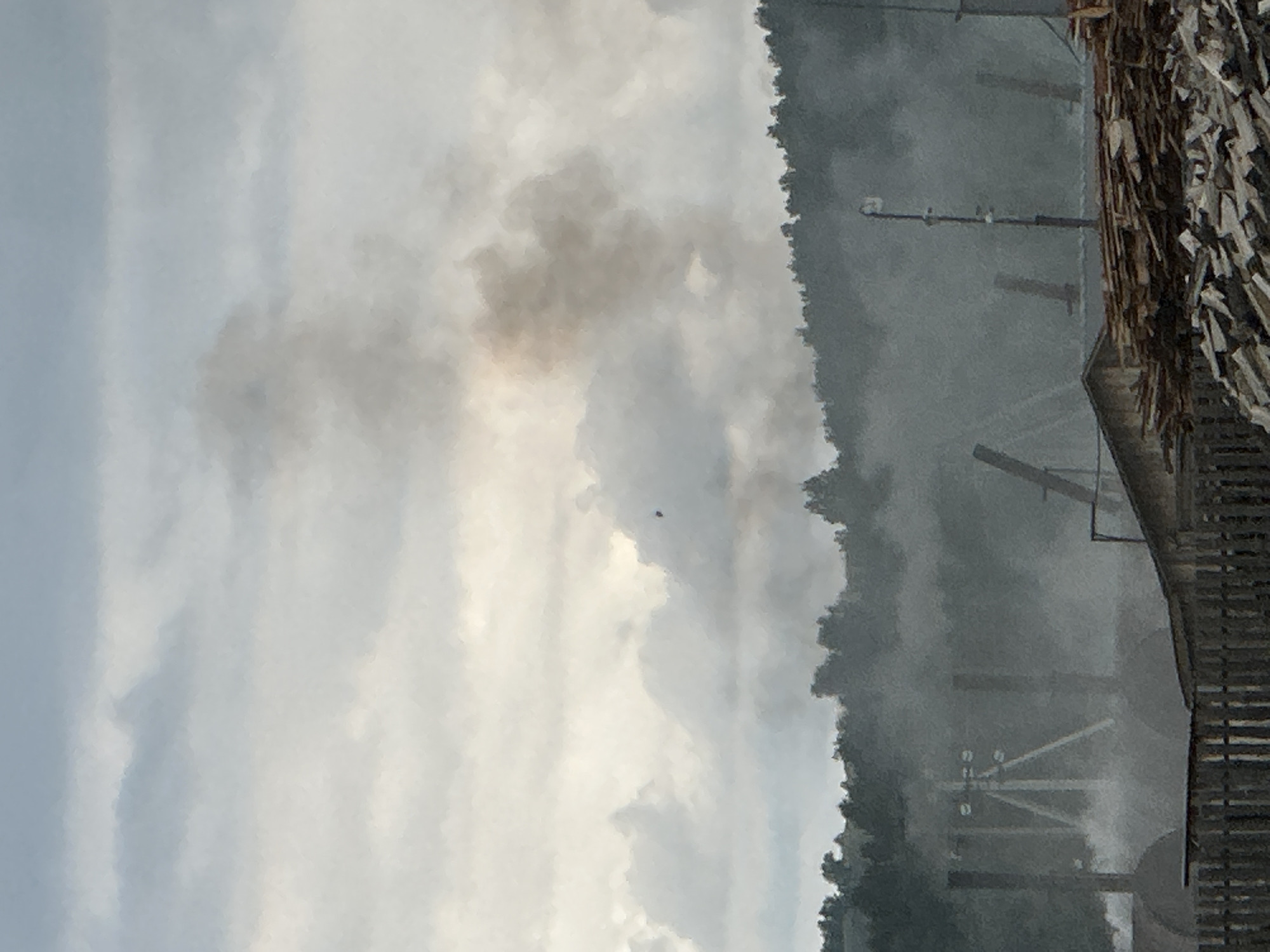 A wide shot captures a landscape dominated by a cloudy, overcast sky. In the middle ground, a dense line of trees forms a dark silhouette against the lighter sky. Below the tree line, a hazy layer of smoke or fog obscures industrial structures. These structures appear to be cylindrical, with tall, slender poles or chimneys rising from them. Some of these poles are topped with lights. The foreground features a collection of lumber, piled high in disorganized stacks. A wooden fence runs across the bottom of the image, partially obscuring the view of the lumber and industrial area. The overall impression is one of an industrial site or lumber processing facility, possibly in a rural or forested area, with the weather contributing to a somewhat muted and hazy atmosphere. The location is identified as Abzakovo, Russia.