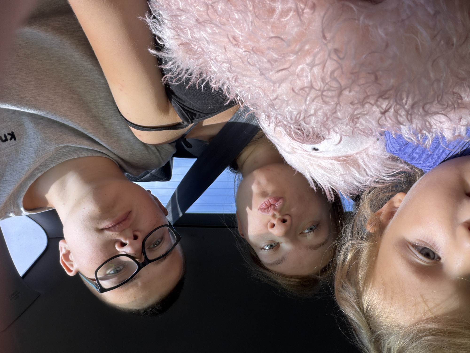 Three children are posing for a selfie in a car. The child on the left is a young girl with blonde hair, holding a pink stuffed animal. The child in the middle is a teenage girl with blonde hair, puckering her lips. The child on the right is a teenager wearing glasses, looking at the camera. The background is the interior of a car, with a dark ceiling and a glimpse of a window. The children appear to be on a sunny day. The location in Novoe Mavrino, Russia is not identifiable from the image.