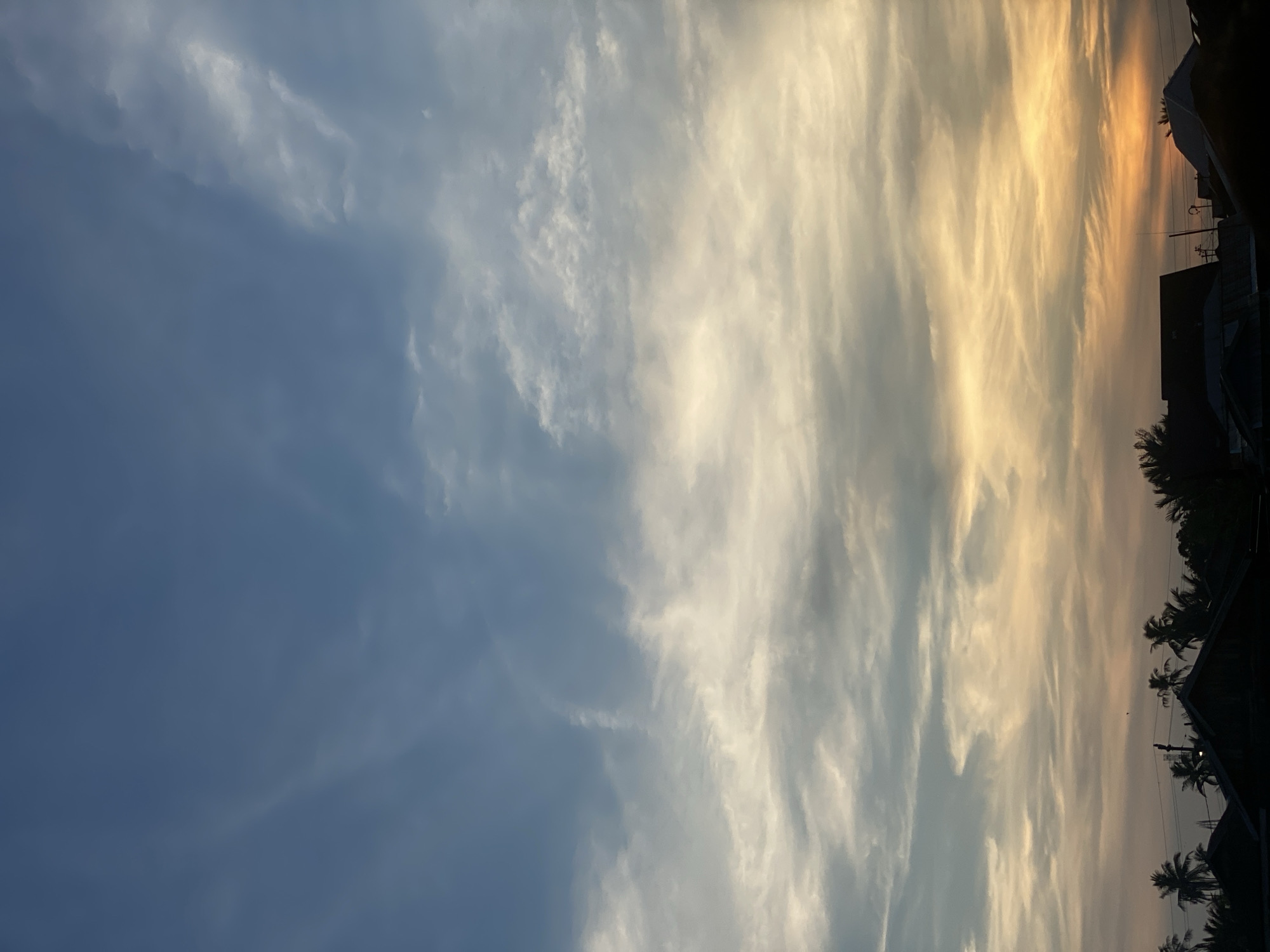 The image depicts a wide, clear sky filled with wispy clouds transitioning from a deep blue at the top to a warm, golden hue near the horizon. The lower portion of the frame shows the silhouetted rooftops of houses and palm trees, indicating a residential area. The scene is consistent with a sunset or sunrise over a city. The image is likely taken in Banjarmasin, Indonesia, given the presence of palm trees and typical residential architecture common in the region. There are no people or discernible actions visible in the image. The environment is characterized by the sky and a cityscape at dusk or dawn.