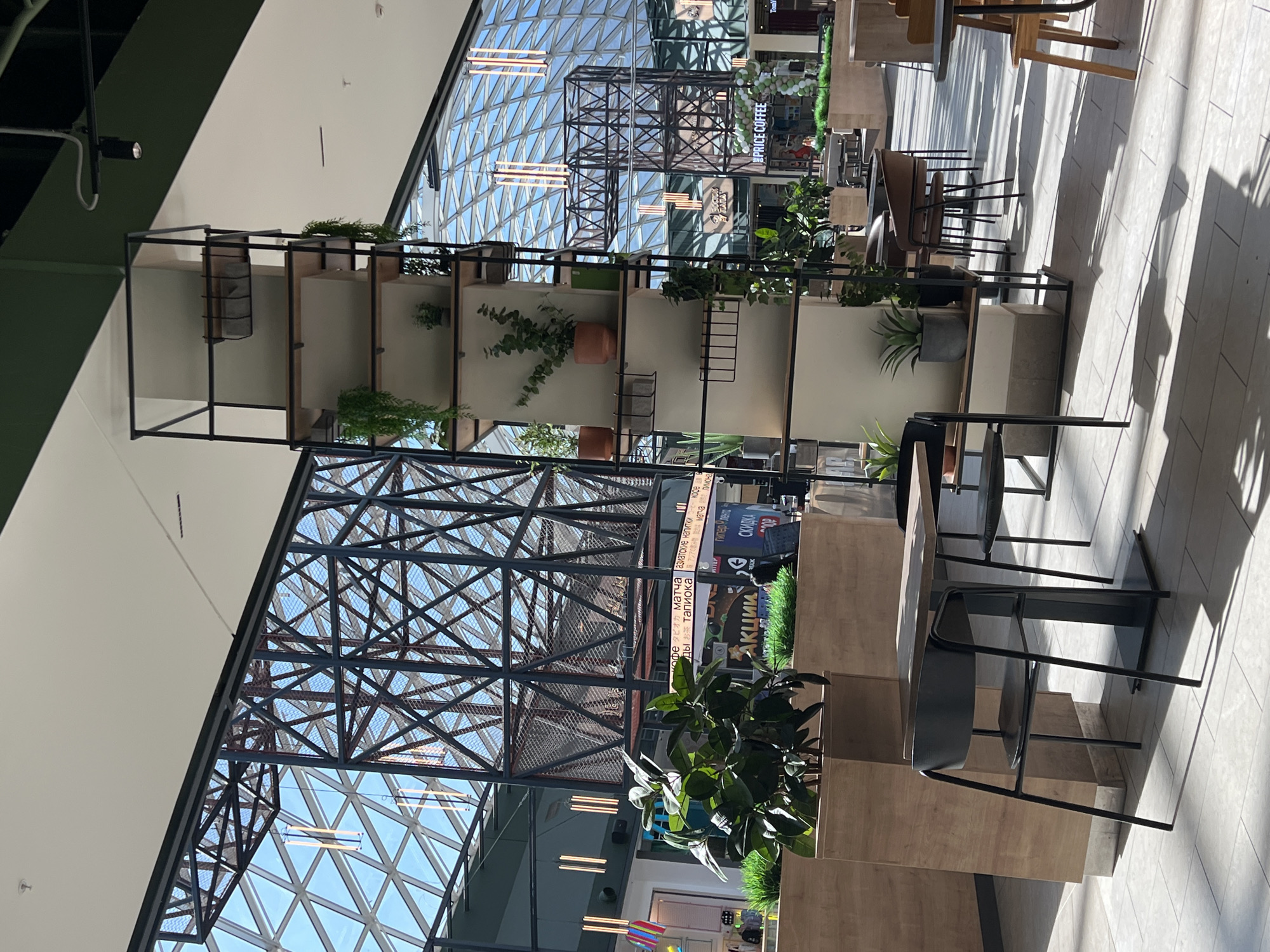 This indoor scene shows a section of a mall, likely in Perm, Russia, judging from the Cyrillic signage. Dominating the foreground is a black, minimalist metal shelving structure, interspersed with potted plants and greenery. To the right, tiered light wood structures create an informal seating area with black metal chairs.
Behind the shelving unit, the mall's architecture is visible: a complex steel frame structure with a glazed roof, creating a latticed pattern. The roof allows natural light to filter through. Further back, there's a cafe identified by signage that mentions "PRICE COFFEE," "АЗИАТСКИЕ НАПИТКИ" (Asian Drinks), "МАТЧА," and "ТАПИОКА" (Tapioca).
---