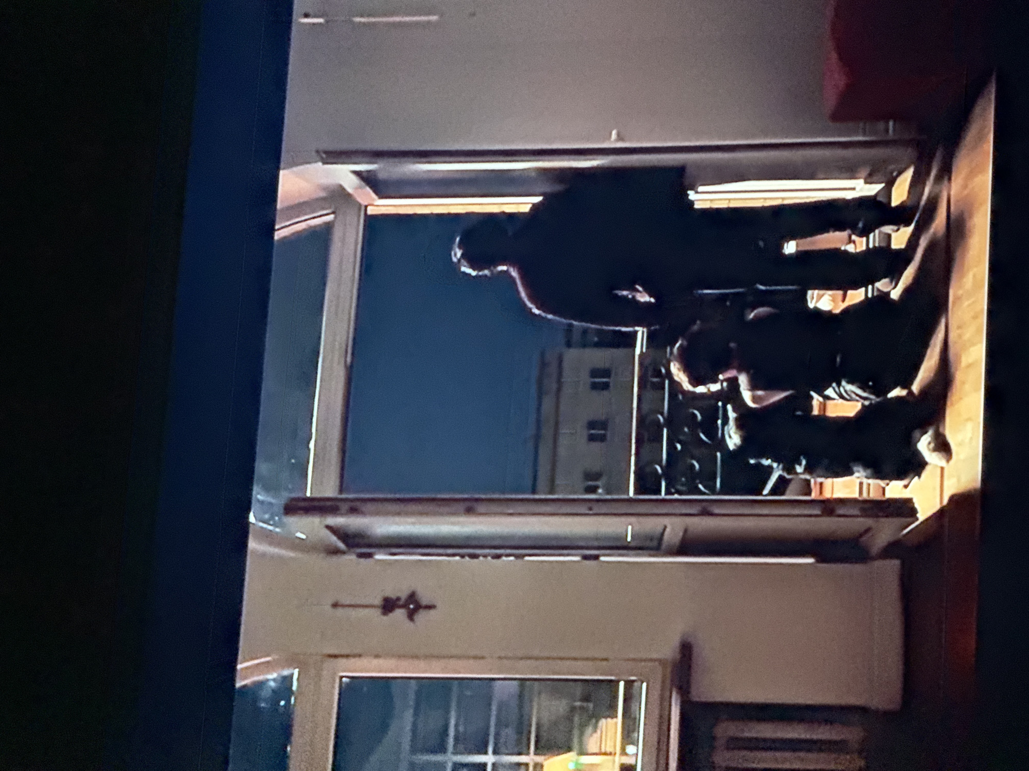 The image shows three people on a balcony at night. The location is plausibly Mytishchi, Russia, based on the style of the building visible in the background. All three people are silhouetted against the light. One person is standing upright, while the other two appear to be kneeling or bending over. The balcony has a metal railing. The balcony is connected to a building with windows. Other buildings are visible in the background.
