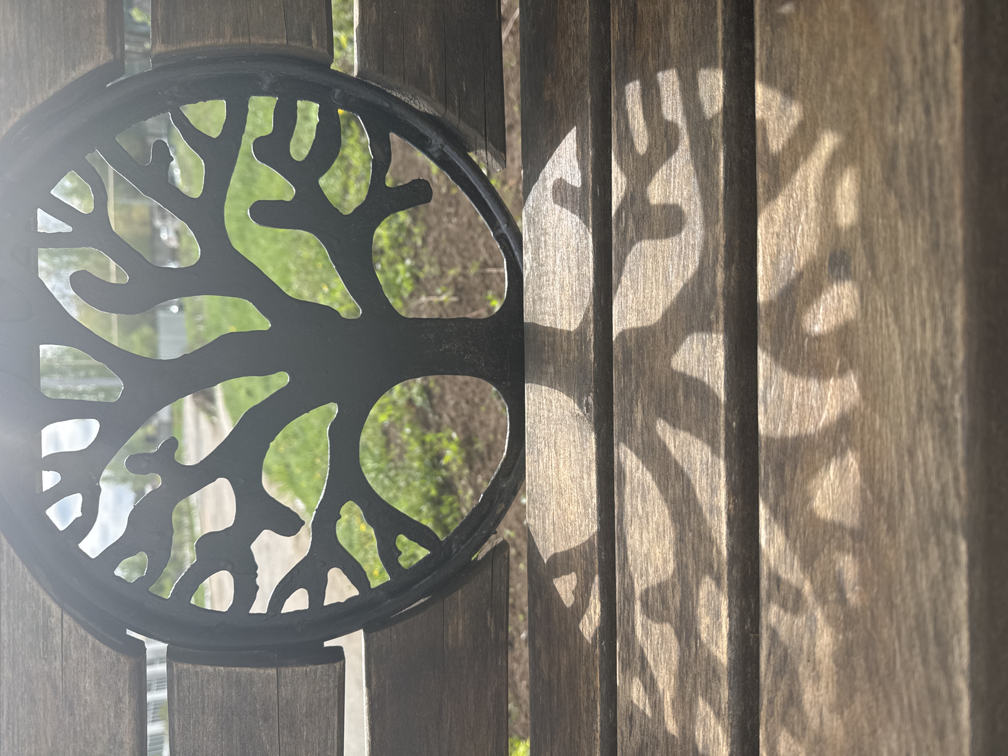 A close-up shot of a wooden fence in daylight. A circular, black metal ornamental design featuring a stylized tree is attached to the left portion of the fence. The shadow of the tree design is cast onto the wooden slats of the fence to the right, creating a faded silhouette on the wood grain. The background, seen through the metal tree design, shows green vegetation and blurred shapes, suggesting an outdoor location. The image does not include any people, actions or interactions. The light source is positioned such that it illuminates the foreground and casts the shadow. No further details suggest the exact location in Chaikovsky, Russia.