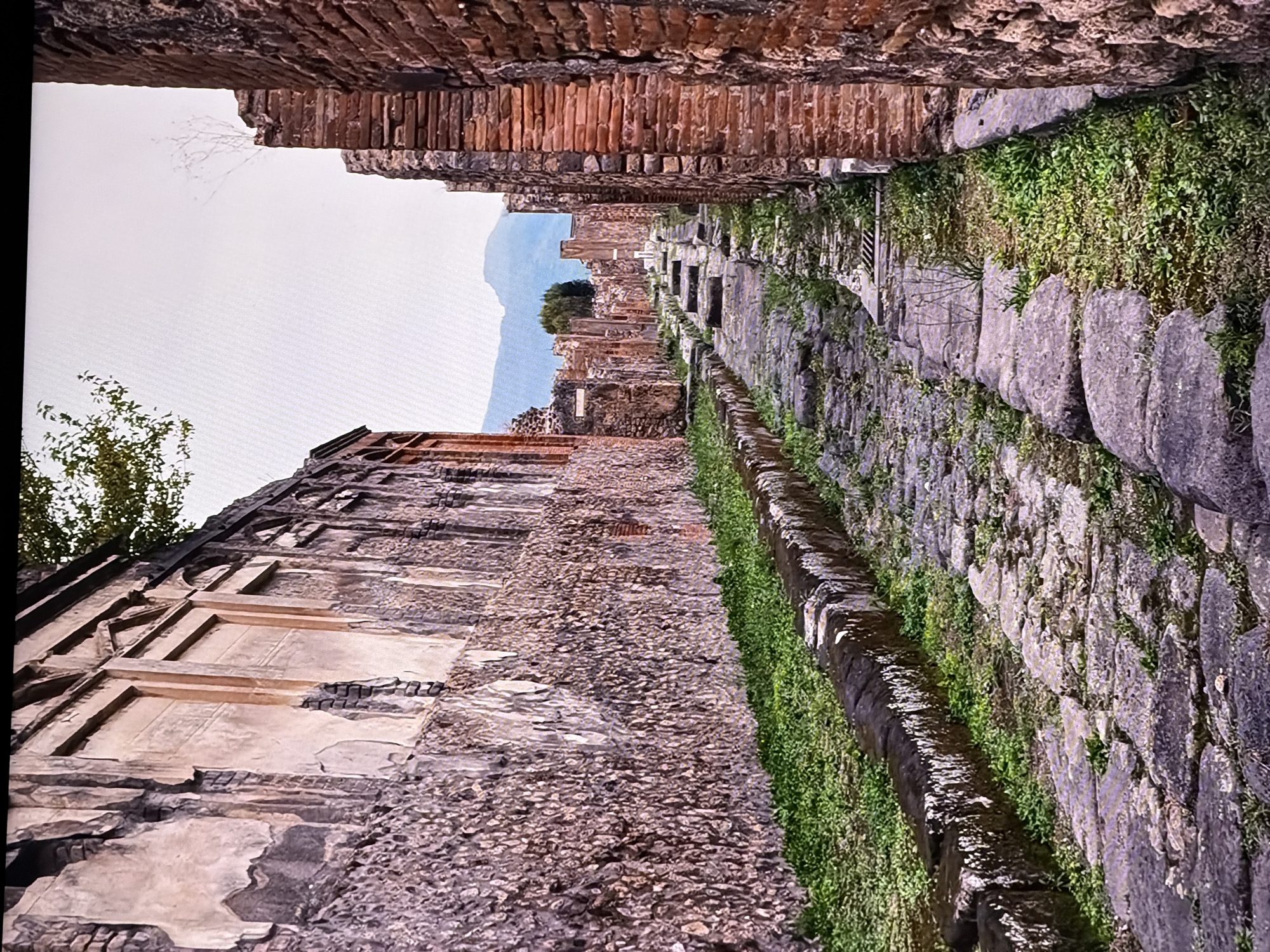 The image depicts an ancient cobblestone street lined with ruins of brick and stone buildings. The street is unevenly paved with large, irregular stones, and a narrow, dark-colored channel runs along the left side of the street, overgrown with grass. The buildings on either side are in a state of disrepair, with crumbling walls made of rough-hewn stone and weathered brick. The architecture suggests a historical settlement. In the distance, the street recedes towards a hazy horizon with mountains visible under a pale sky. Vegetation, primarily grass, is growing in patches throughout the scene, indicating an outdoor environment. There are no people or animals visible in the image. The overall impression is one of an archeological site or a preserved ancient city. The prompt states this is Chirchik, Uzbekistan, but the architectural style and materials are not consistent with typical Uzbek historical sites.