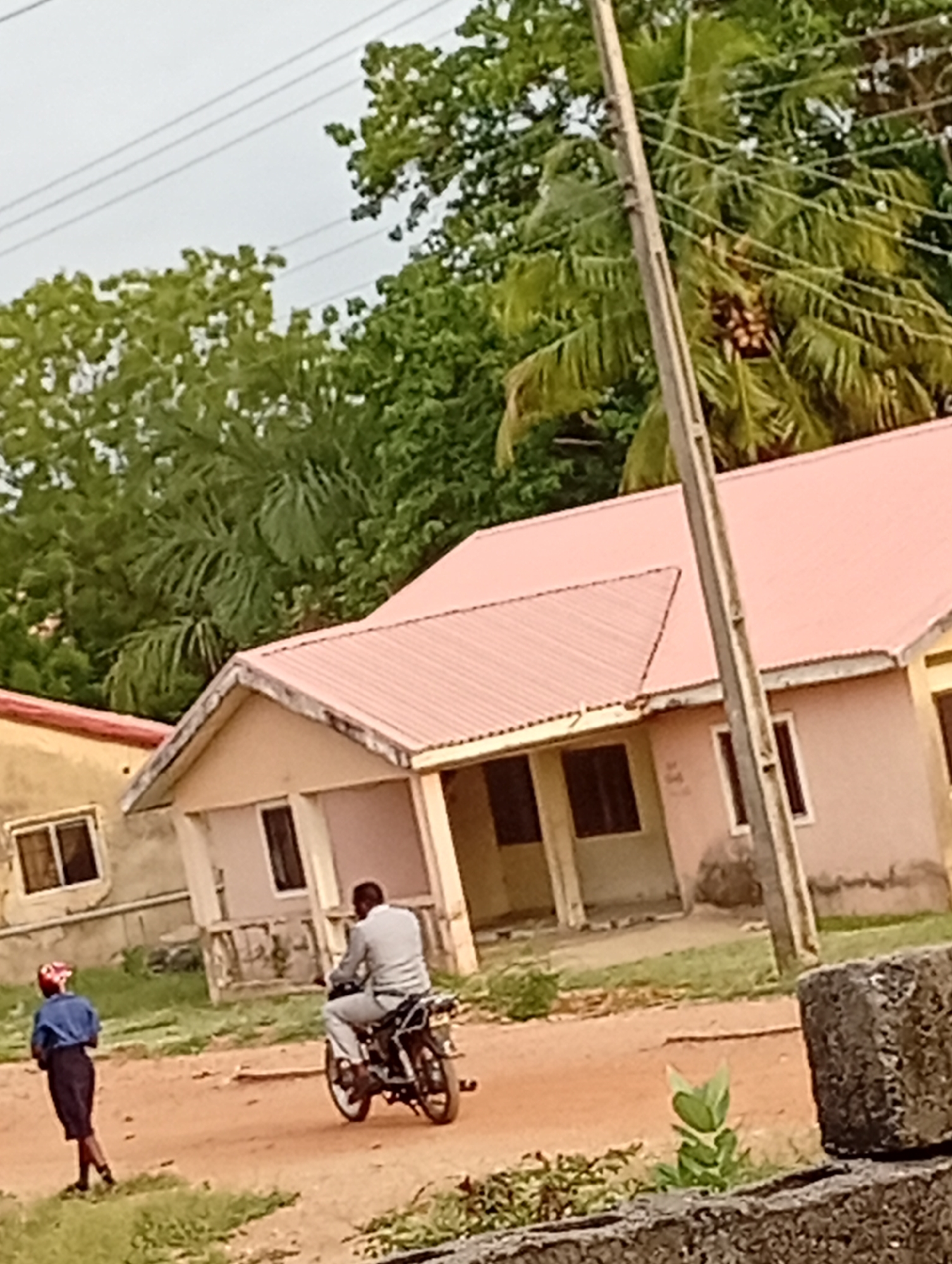 The image depicts a street scene in Adankolo, Nigeria. A person on a motorcycle is driving on a dirt road, away from the camera. A child in a blue shirt and dark skirt is walking on the side of the road. In the background are single-story buildings with pink roofs and beige walls. A utility pole stands in front of the house on the right. Trees and vegetation are visible throughout the scene, and a concrete structure is in the foreground on the right. The sky is overcast.