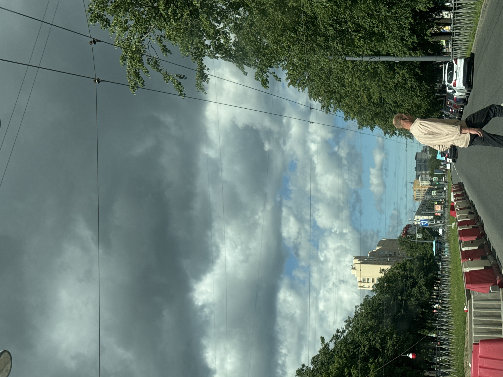 This is a rotated image of a street scene in Saint Petersburg, Russia. The image features a man walking across a street, viewed from behind. He is wearing a light-colored, short-sleeved button-down shirt and dark pants. The street is lined with trees on one side and buildings on the other. A white car is parked on the right side of the street, and a row of red and white barriers runs along the edge of the road. Power lines are visible crisscrossing the sky, which is partly cloudy with a mix of dark and light clouds, suggesting a day with changing weather. In the background, several multi-story buildings are visible, characteristic of urban architecture. The overall impression is of a normal day in a city, with pedestrian activity and traffic. The image is oriented vertically.