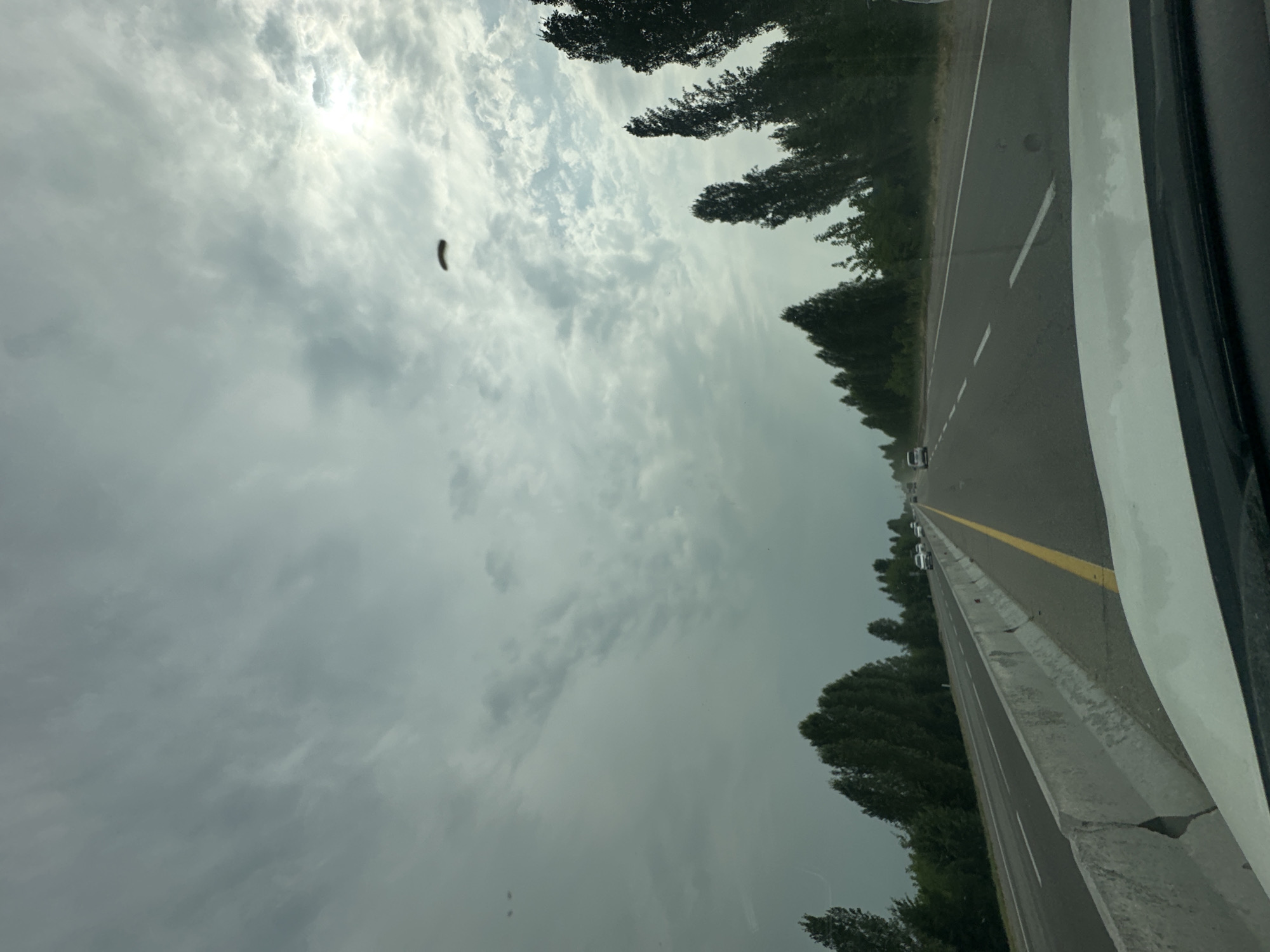 The image depicts a highway scene from the perspective of a moving vehicle, likely in Uzbekistan given the location context. The highway stretches into the distance, bordered by a line of trees on the left and the side of a vehicle on the right. The road is asphalt with a yellow dividing line and white lane markings. Several cars are visible on the highway, suggesting traffic.
The sky is overcast with dramatic, textured clouds, and the sun is partially visible, creating a bright spot. A small, dark, elongated object is suspended in the sky. The overall lighting suggests it is daytime, but the cloudy conditions may indicate approaching rain or a generally gloomy atmosphere. The trees are lush and green, indicating a period of warmth. There is no visible text in the image. The scene evokes a sense of travel and the vastness of the landscape under a dynamic sky.