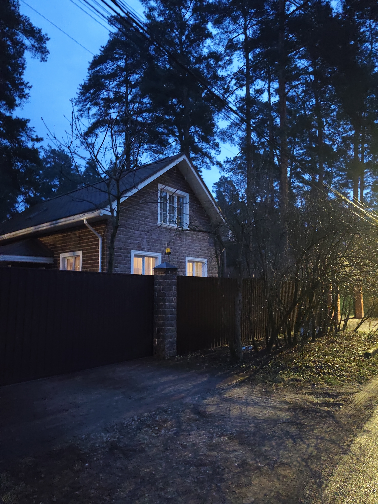 The image depicts a residential area in Kratovo, Russia at dusk or dawn. A brick house with a dark roof and white trim is partially obscured by tall pine trees. The windows of the house are illuminated. A dark metal gate and brick pillars form a fence in front of the house. A line of smaller trees and bushes runs along the fence to the right. The ground is covered with leaves and the road is dark and appears wet. Overhead power lines are visible against the blue sky. No people are visible in the image.