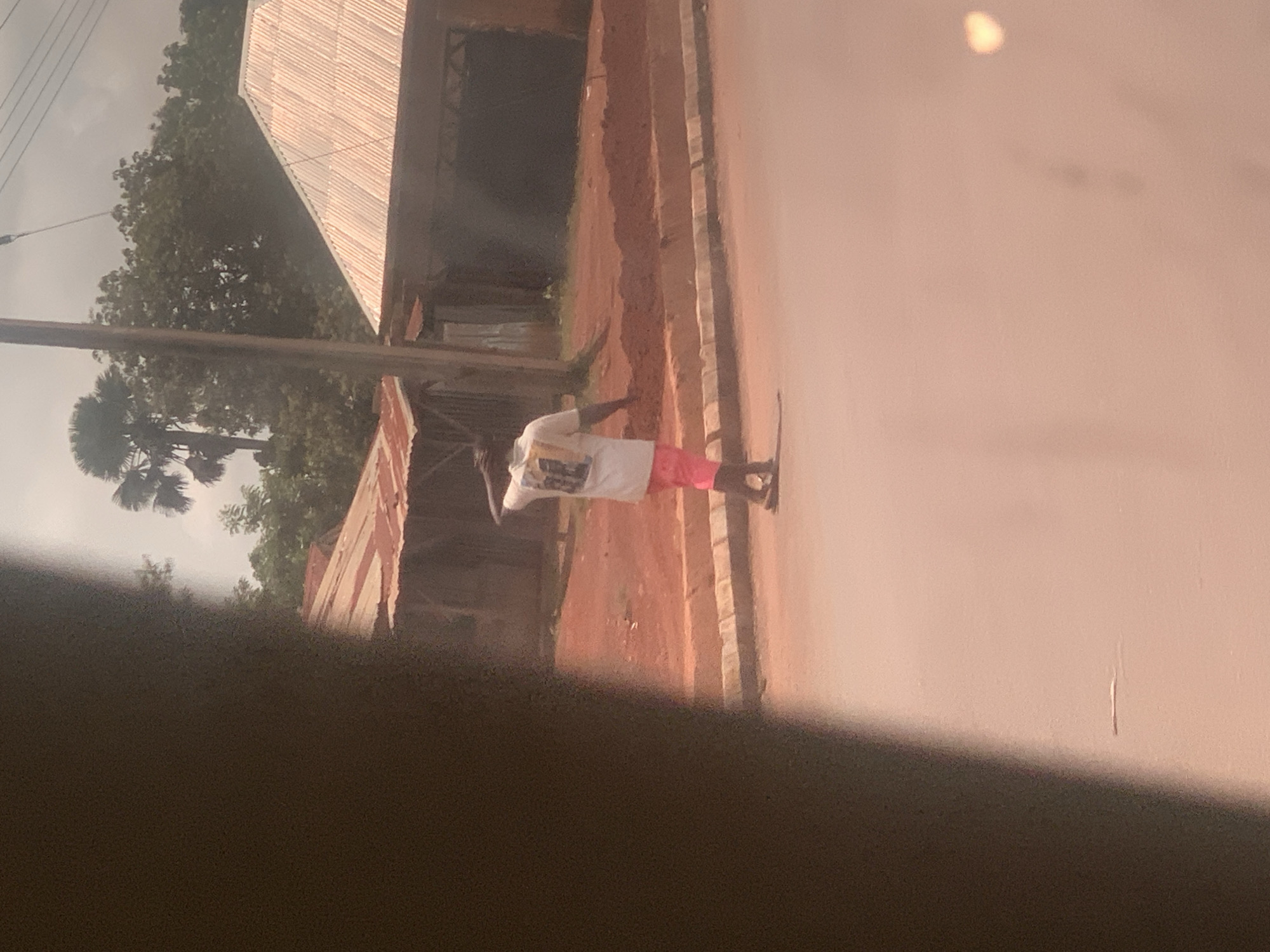 The image shows a person in the city of Hoss, Nigeria. The person is walking on a street, wearing a white t-shirt and pink shorts. The person is facing away from the camera and has their hand on their head. In the background, there are several buildings with corrugated iron roofs. There are also trees and a cloudy sky. The ground is made of red dirt.