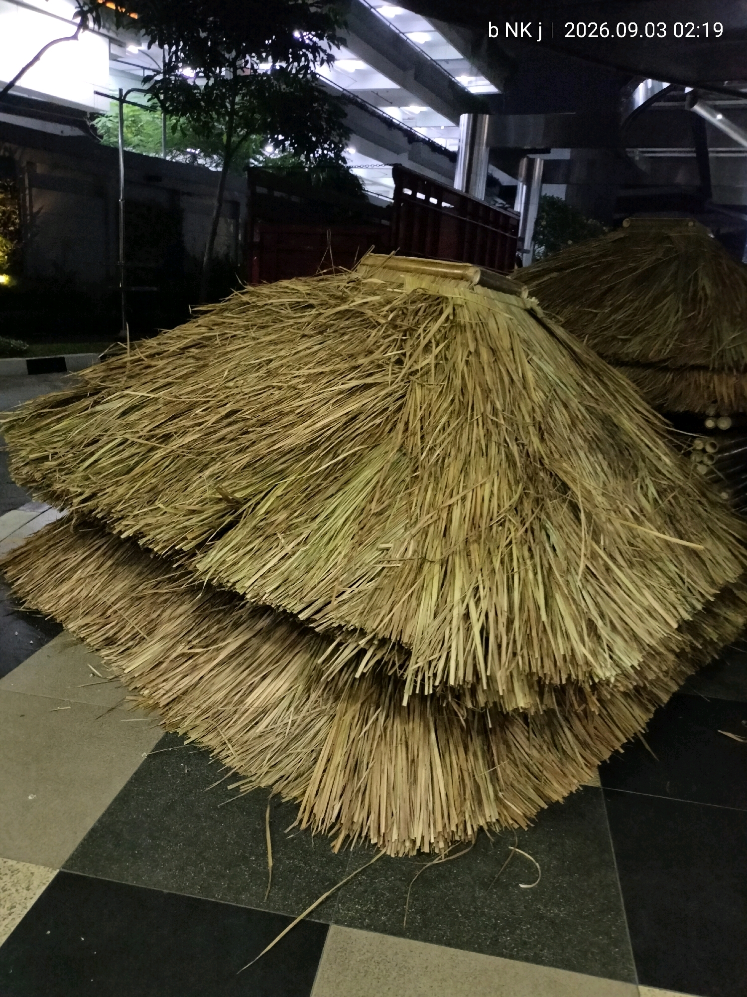 A low-angle shot captures a stack of thatched roof coverings, appearing to be made of dried palm leaves or similar natural fibers. The thatch is light brown and tan, with some strands appearing greener, indicating freshness. The coverings are conical or rounded, with one large piece layered on top of another, creating a layered effect. Some individual strands of thatch are loose and hang down, especially at the bottom of the stack. The thatch is piled on a dark, checkered floor made of large square tiles, alternating between black and a lighter, speckled grey. In the background, out of focus, is a partially visible structure with red metal siding and a dark roof, possibly a truck or a building. Trees with dark green foliage are visible behind this structure, and overhead, the blurred lights of an urban environment are present, suggesting an indoor or covered outdoor space. A timestamp in the upper right corner reads "b NK j | 2026.09.03 02:19". The scene is located in the city of South Jakarta, Indonesia.