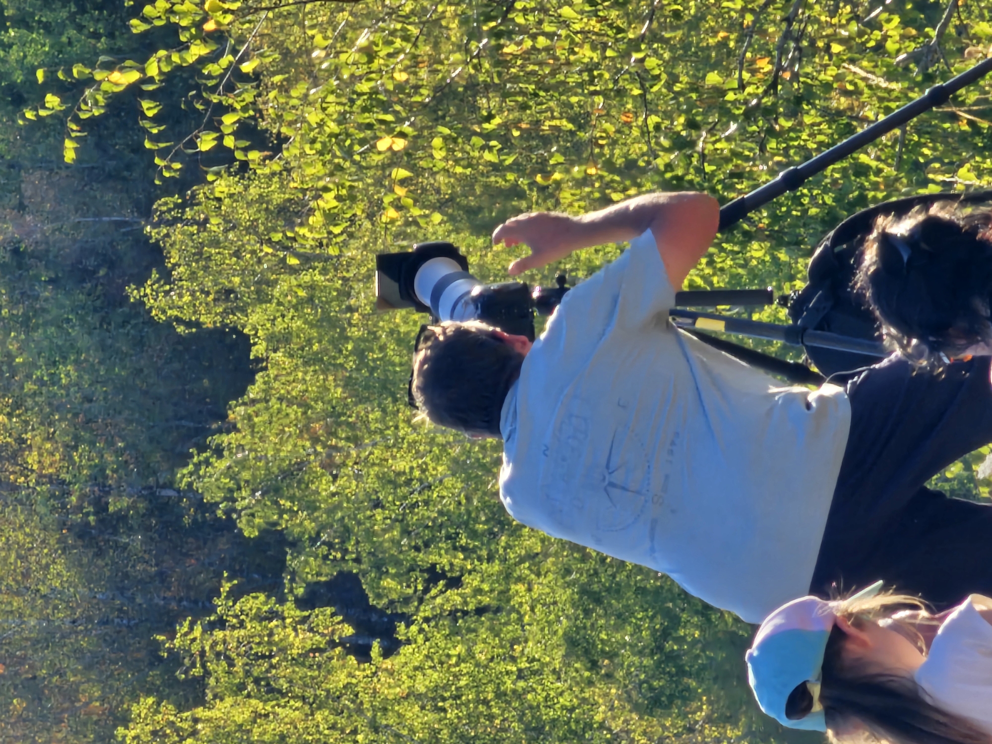 In Schifflange, Luxembourg, a photographer with a large telephoto lens mounted on a tripod is captured from behind, operating the camera. The photographer, wearing a light-colored t-shirt, is positioned outdoors with their right hand raised, possibly adjusting the camera or signaling. To the left of the photographer, a young girl wearing a light blue and pink baseball cap is partially visible, also facing away from the camera and looking downwards. The background is dominated by dense green foliage, indicating an outdoor, possibly forested, environment. The lighting suggests it is daytime, with sunlight illuminating the leaves.