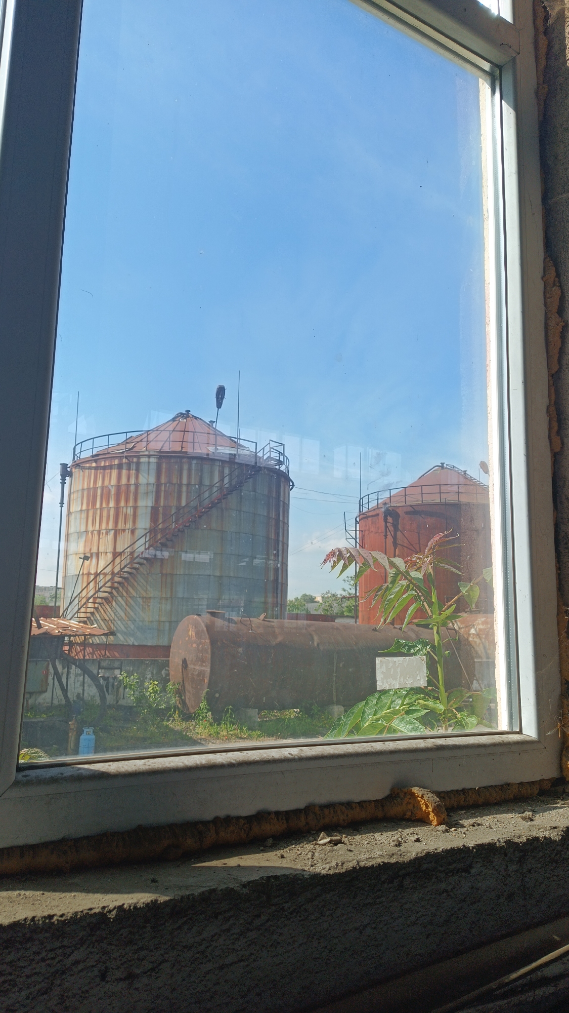 The image is taken from inside a building, looking out of a window. Visible outside are two large, cylindrical metal storage tanks with conical roofs, showing signs of rust. A smaller, cylindrical tank lies horizontally in front of the larger tanks. Vegetation grows around the base of the tanks. The sky is clear and blue. The window frame is white, with foam insulation visible between the frame and the wall. The location is Unknown, Unknown. There are no people visible in the scene.