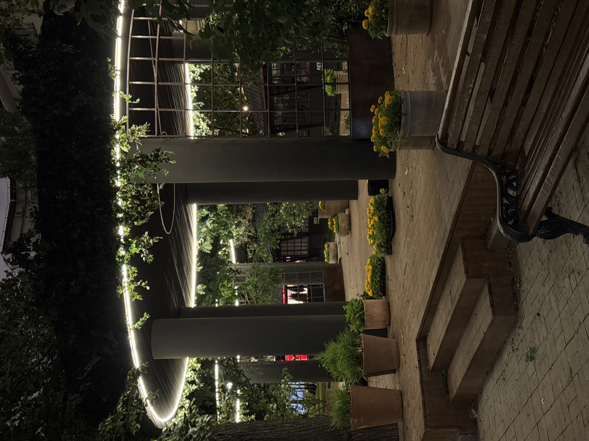 The image depicts an outdoor scene at night, possibly in Moscow, Russia. The scene features a walkway lined with potted plants, leading towards a building or structure with illuminated grid patterns. There are tall, dark pillars that may be part of the structure, also illuminated. A bench is visible on the right side of the image. The surrounding environment includes trees and foliage. There are no people visible in the scene.