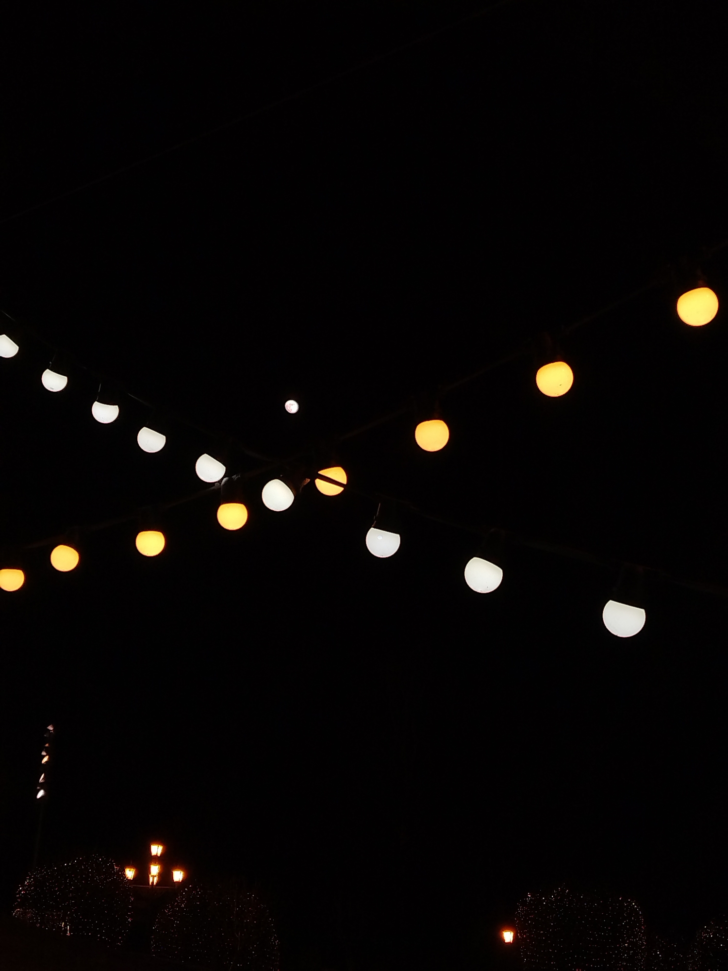 The photograph, taken at night, features strings of lights hanging across a dark, unidentifiable space. The lights alternate between warm yellow and cool white tones. The lights are suspended at different heights. In the lower portion of the image, there are dim lights illuminating what appear to be decorated trees or bushes. The scene is likely in an urban environment, however, there is no specific indication of the location in Izhevsk, Russia. The photo does not depict people, actions, or interactions.