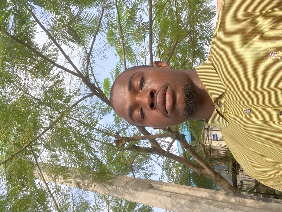 An outdoor, eye-level, slightly upward-angled photograph depicts a single adult male, likely in Badore, Nigeria. The male, with a dark complexion, short hair, and trimmed facial hair (mustache and goatee), is centrally positioned. He wears a collared shirt with thin vertical yellow and dark stripes, featuring visible buttons and a small emblem on the right chest area. His expression is neutral, with his gaze directed towards the camera.
The background is dominated by lush green foliage from multiple trees, with patches of a bright blue sky visible through the leaves, indicating clear weather and ample daylight. To the left, a light-colored, possibly concrete, utility pole extends vertically. Behind the trees, a partial view of structures includes a building with a light blue roof and white walls, along with a white cylindrical object, possibly a water tank. The overall lighting suggests a sunny outdoor setting.