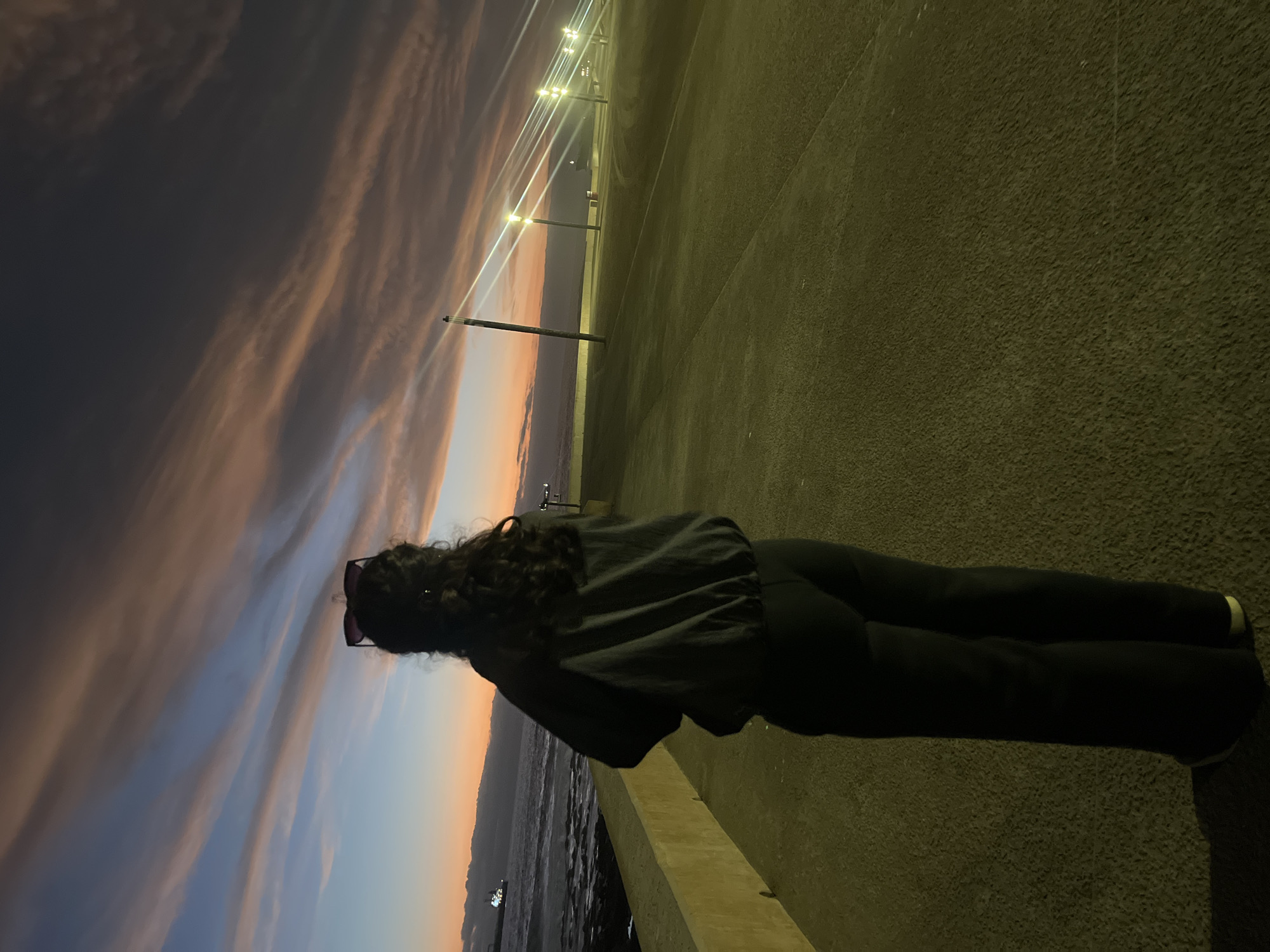 Arica, Chile: A woman with curly hair is seen from behind wearing sunglasses, a dark jacket, and dark pants. She stands on a promenade or walkway overlooking the ocean at dusk. Streetlights line the path, casting a dim light. The sky displays a blend of orange, pink, and blue hues from the setting sun. A low wall separates the walkway from the ocean.