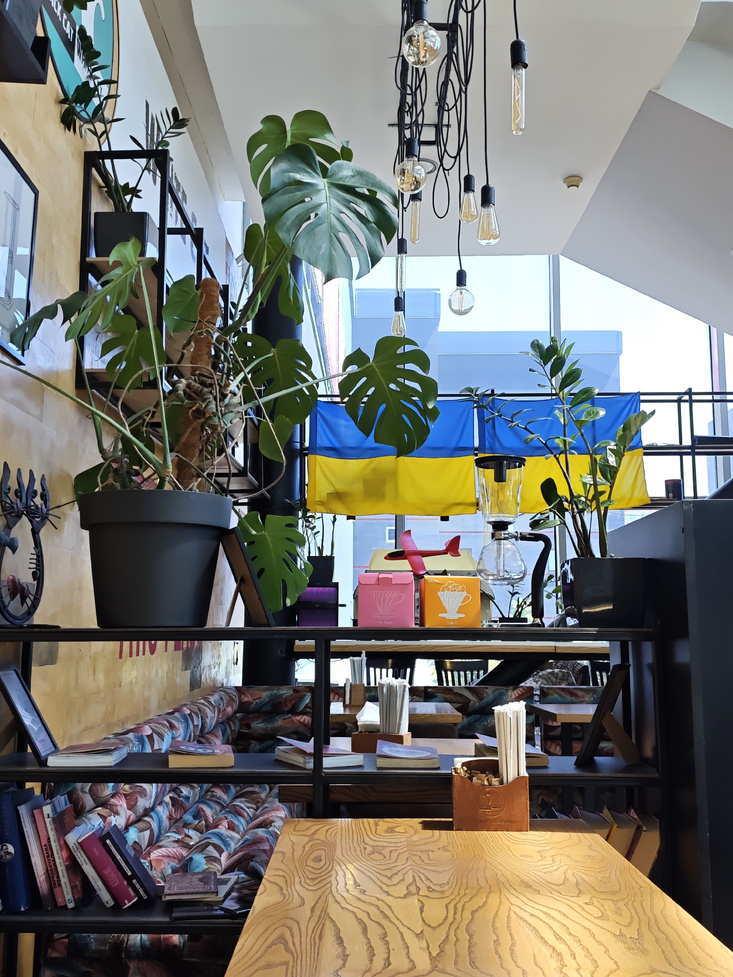 The image shows a cafe or similar establishment in Vinnytsia, Ukraine. A table made of light-colored wood dominates the foreground. Behind it is a black metal shelving unit filled with books, plants, and other decorative objects. A large Monstera plant in a black pot is prominently displayed on the shelf. The Ukrainian flag is visible in the background. Light fixtures with exposed bulbs hang from the ceiling. The shelving unit also contains a syphon coffee maker, packaged tea, and a small plane. There are straws and sugar packets on the table behind the plants and books. The seating appears to be cushions or patterned fabric.