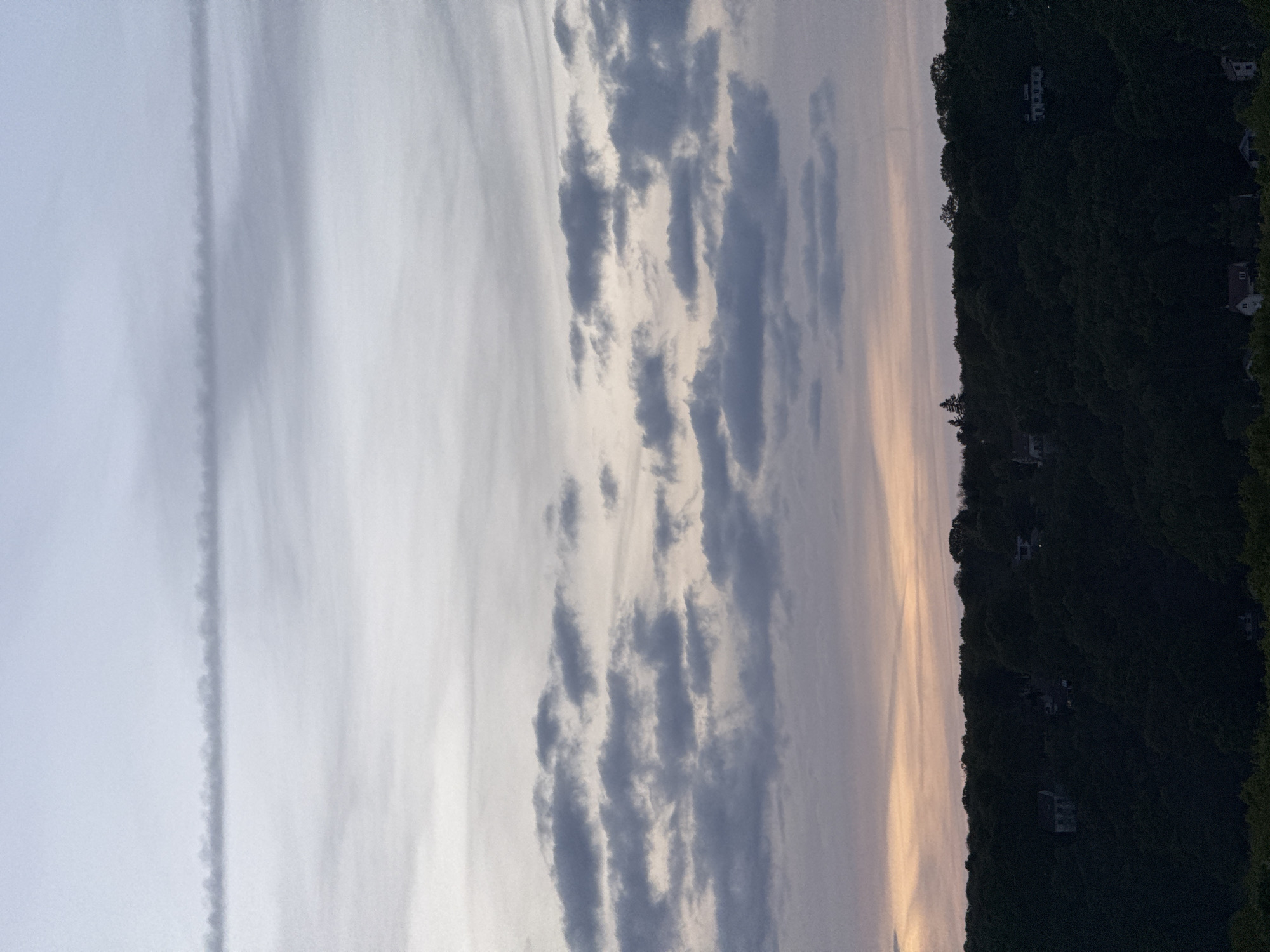 The image presents a serene twilight landscape, likely captured during sunset, over a forested area. The sky dominates the upper portion of the frame, showcasing a beautiful gradient of colors. On the left side, the sky transitions from a soft, pale blue-grey, featuring a distinct, long, thin, linear cloud or possibly a contrail. Moving towards the right and the horizon, the sky warms to gentle hues of pink, orange, and light yellow, illuminated by the setting sun. Scattered across the mid-sky are numerous darker grey clouds, appearing as fragmented, elongated formations, adding depth and texture.
Below the expansive sky, the lower section of the image is characterized by a dense, dark green forest covering a hillside. This tree line forms a prominent, almost black silhouette against the lighter sky, with the irregular contours of the treetops marking the horizon. Several small, white houses or buildings are sparsely visible within this dark forested expanse, subtly nestled among the trees, suggesting a quiet residential area integrated into the natural environment.
There is no discernible activity or specific event taking place, presenting a static and tranquil natural scene. The low light and the blended colors of the sky strongly indicate the time of day is either sunrise or, more likely, sunset. The landscape features and the presence of scattered houses within a natural setting are consistent with the location of Gometz-le-Châtel, France, implying a rural or semi-rural atmosphere. No text is visible in the image.