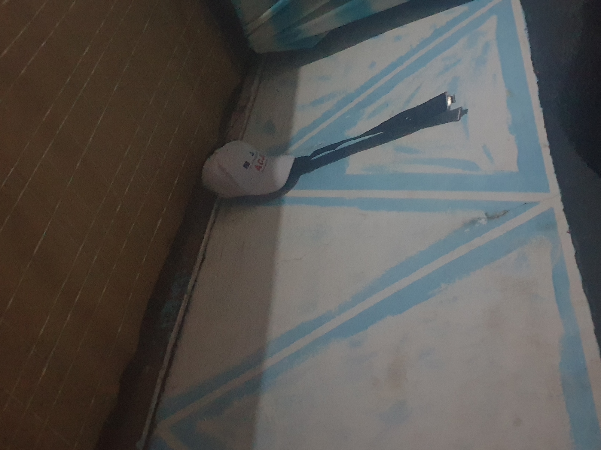A white baseball cap with blue lettering that says "ACA" is hanging from a dark strap. The cap is positioned against a light-colored wall with blue geometric designs. Above the wall, there is a brown ceiling with horizontal lines. The image is taken from a low angle, looking upwards. The environment appears to be indoors, possibly a room or a hallway. There is no discernible information about the location in Washington, United States of America.