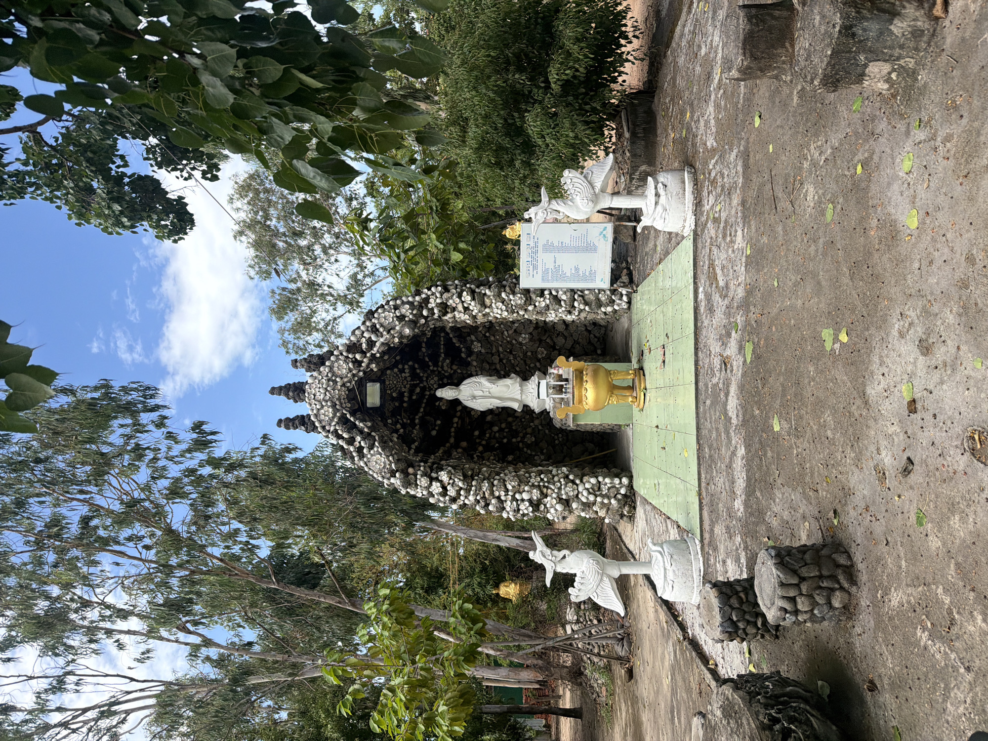 An outdoor religious shrine, possibly Buddhist or Taoist, is depicted in a natural setting under a bright, cloudy sky in Cam Ranh, Vietnam. The central feature is a grotto-like structure covered entirely with numerous small, light-colored shells or pebbles, giving it a unique textured appearance.
Inside the grotto, a white, standing statue of a deity, likely Guanyin (Bodhisattva of Compassion), is prominently placed on a white pedestal. To the right of the statue (viewer's left), a golden, ornate censer or offering bowl rests on a green-tiled platform that extends outwards from the grotto. Flanking the shrine on either side of the platform are white statues of stylized birds, possibly cranes or phoenixes, perched on pedestals.
The ground in the immediate foreground is a concrete or paved area, scattered with a few green leaves. Further to the right, two cylindrical stone pedestals, also textured with small stones, are visible. The shrine is surrounded by lush green trees and foliage, with tall, slender-trunked trees providing a natural canopy and backdrop. The sky above is a clear blue with scattered white, fluffy clouds, indicating daytime, likely morning or early afternoon.
To the right of the grotto, a white sign with black text on a pole displays what appears to be a list, possibly names or dedications, though the specific text is unreadable due to distance. No people are visible, and no specific event is taking place, contributing to a serene and tranquil atmosphere at this spiritual site.