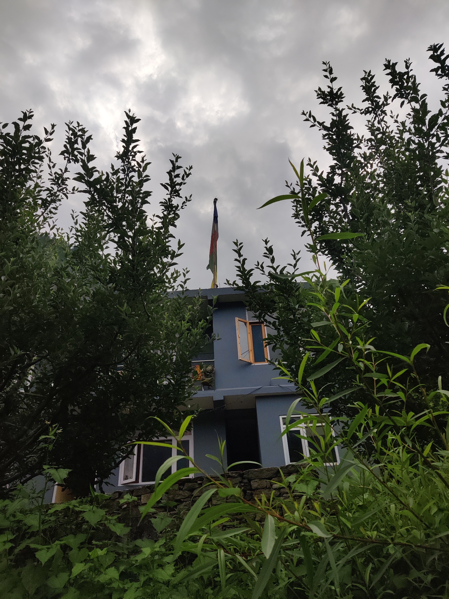 In Vashisht, India, a medium shot captures a two-story building with a grey facade, set against a backdrop of lush green foliage and a cloudy sky. The building features open windows with wooden frames, and a stone wall at its base. A multi-colored flag flies from a pole on the roof. The foreground is dominated by the dense leaves of various plants, framing the view of the structure.