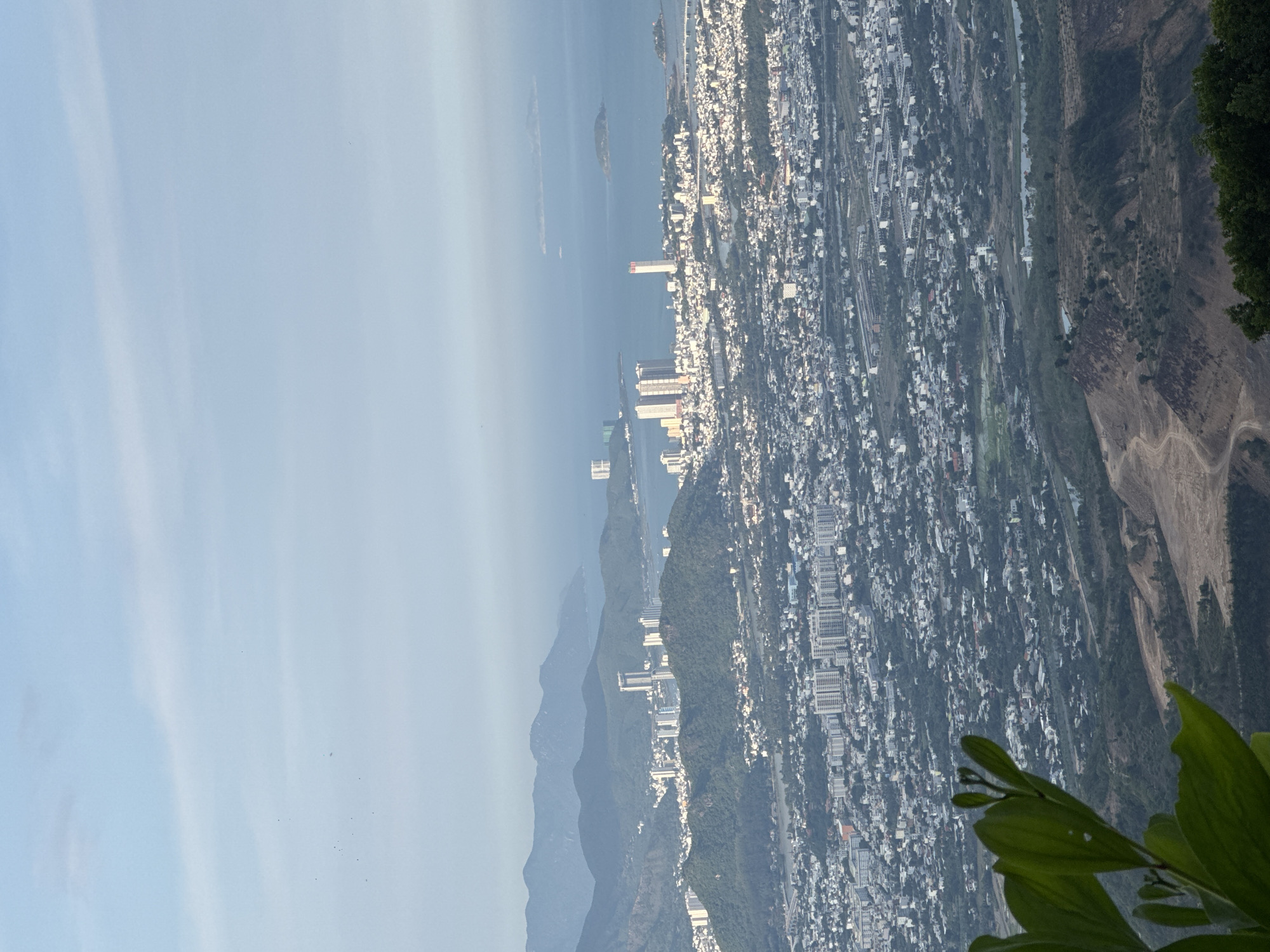 The image captures a panoramic view of the city of Diên Khánh, Vietnam, as seen from a high vantage point, likely a mountain overlooking the urban landscape. In the foreground, a cluster of vibrant green leaves and stems of a plant partially obscures the view, adding a natural element to the scene. The middle ground is dominated by a sprawling urban area characterized by a dense network of buildings and roads, with a mix of low-rise residential structures and several taller, modern buildings, including some high-rises, clustered together. The city extends towards the sea, which forms the background. Distant, hazy mountains rise behind the city, and several small islands are visible in the calm, blue ocean. The sky is a pale blue with faint, wispy clouds, suggesting it is either early morning or late afternoon. The overall impression is one of a coastal city nestled amongst rolling hills and overlooking a serene body of water.