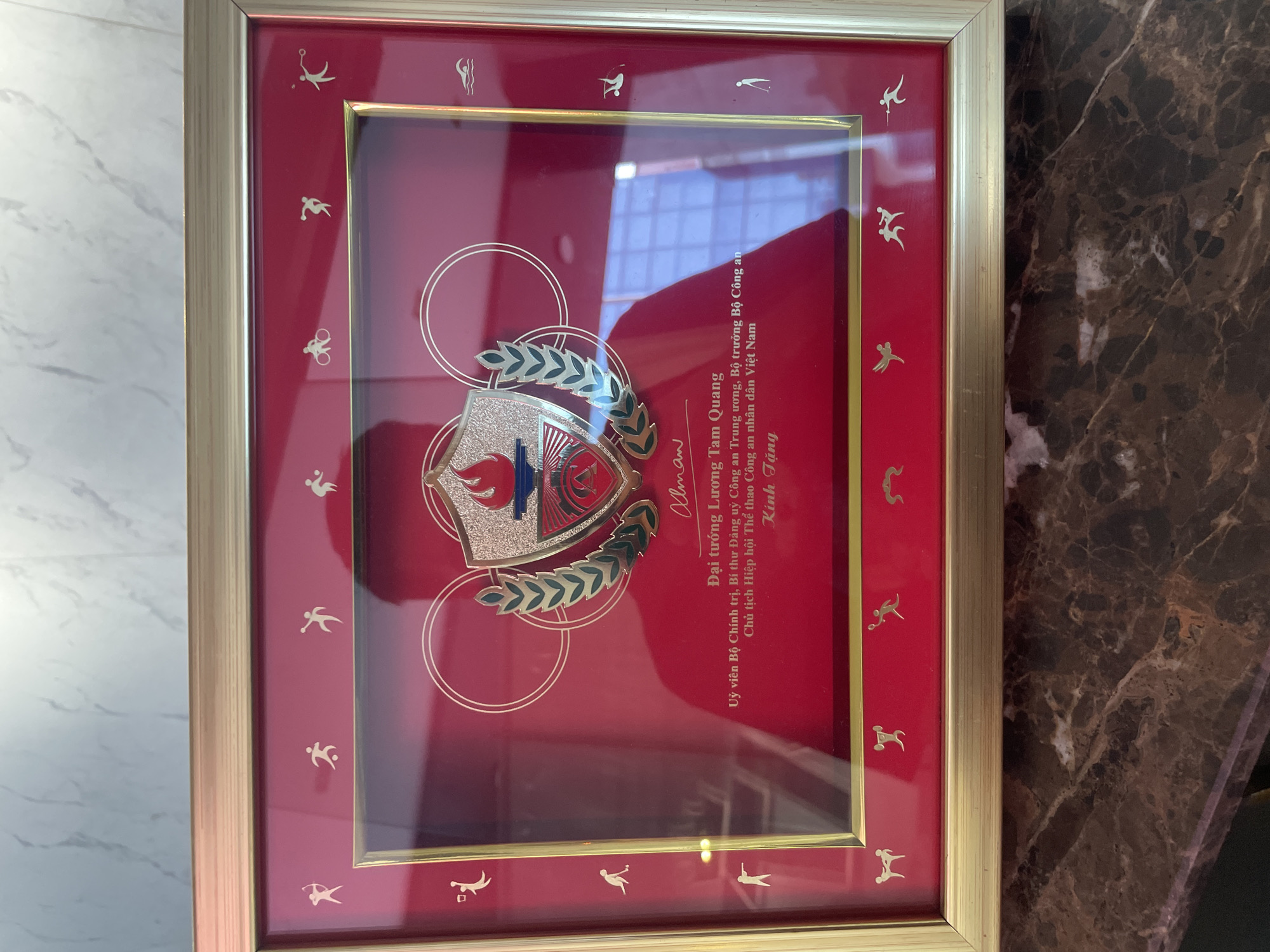 The image shows a framed award with a red background and gold trim. The award is displayed on a marble surface. The frame is made of gold-colored metal and contains small, gold silhouettes of various athletes around the border. In the center of the award, there is a crest with a torch and laurel leaves. Below the crest, there is text in Vietnamese. The text identifies the recipient as General Luong Tam Quang, a member of the Central Committee of the Communist Party of Vietnam, Deputy Minister of Public Security, and Chairman of the Vietnam Sports Association for Public Security Personnel. The award is presented to him for his contributions. The background of the award also shows a reflection of a building with a grid-like window pattern, suggesting the award might be located in an indoor setting within a city. While the exact location in Thủ Đức, Vietnam is not specified, the presence of a modern building reflected in the award suggests an urban environment, possibly an office or a ceremonial hall.