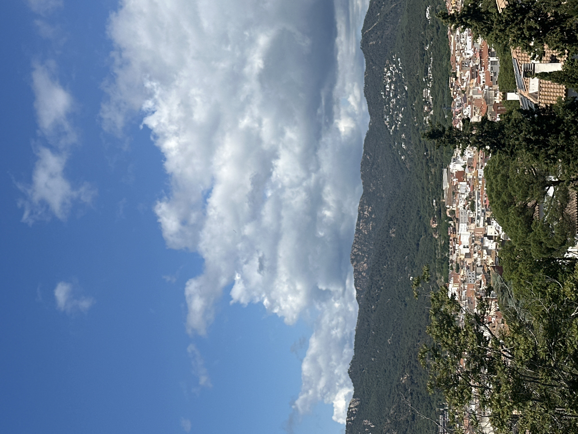 The image shows a vertical view of Sant Feliu de Guíxols, Spain, situated at the base of a mountain. The city's architecture, including residential and commercial buildings with tiled roofs, is nestled against the mountainside. Dense vegetation covers much of the mountain, and some trees are visible in the foreground. The sky above is partly blue with scattered white clouds and some gray clouds near the mountain. The photo is taken at an elevated angle, possibly from a vantage point higher up the mountain.